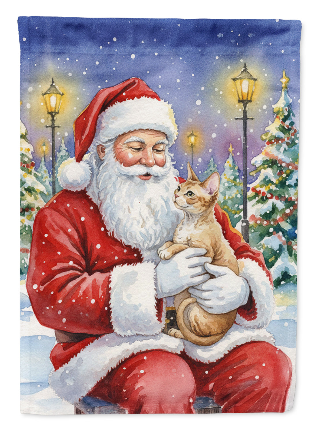 Devon Rex Cat with Santa Claus House Flag 28x40 Porch Sleeve Pole Decorative Outside Yard Banner Artwork Wall Hanging, Polyester
