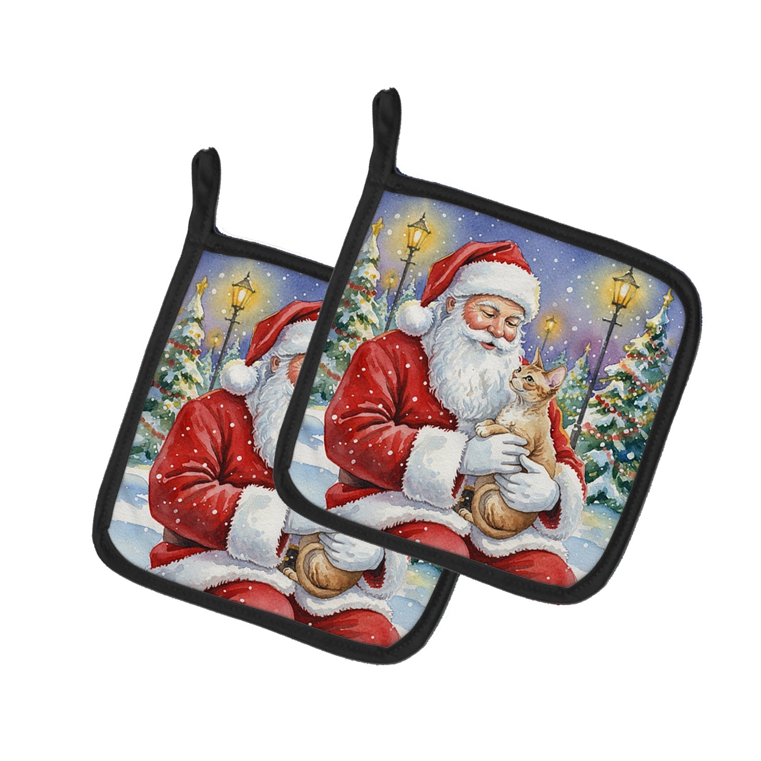 Devon Rex Cat with Santa Claus Pot Holder Set of 2 Heat Resistant Quilted Hot Pads 7.5 x 7.5 Inch, Insulated Kitchen Trivets for Cooking & Baking