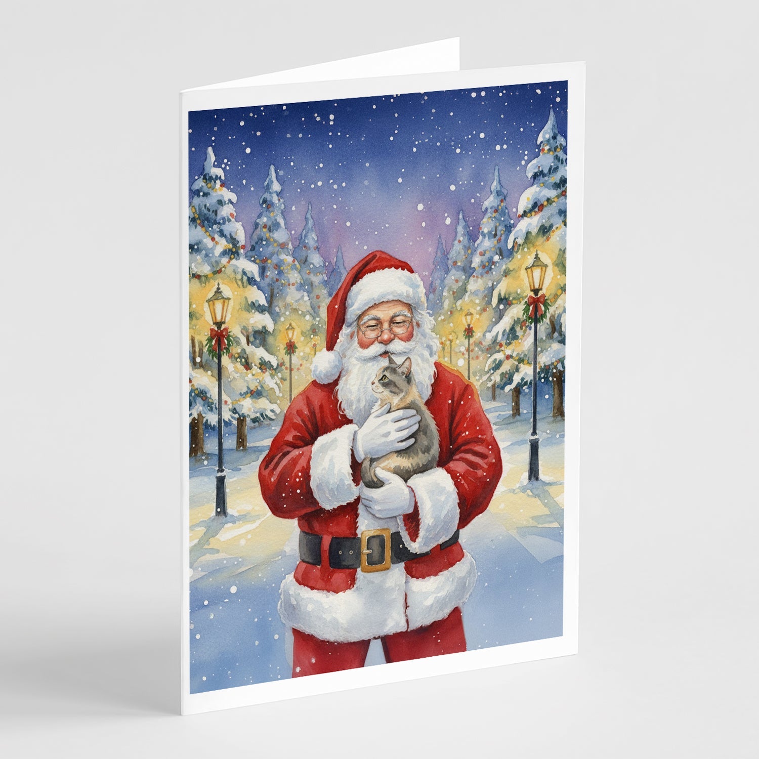 Dilute Tortoiseshell Cat with Santa Claus Greeting Cards Pack of 8 Blank Cards with Envelopes Whimsical A7 Size 5x7