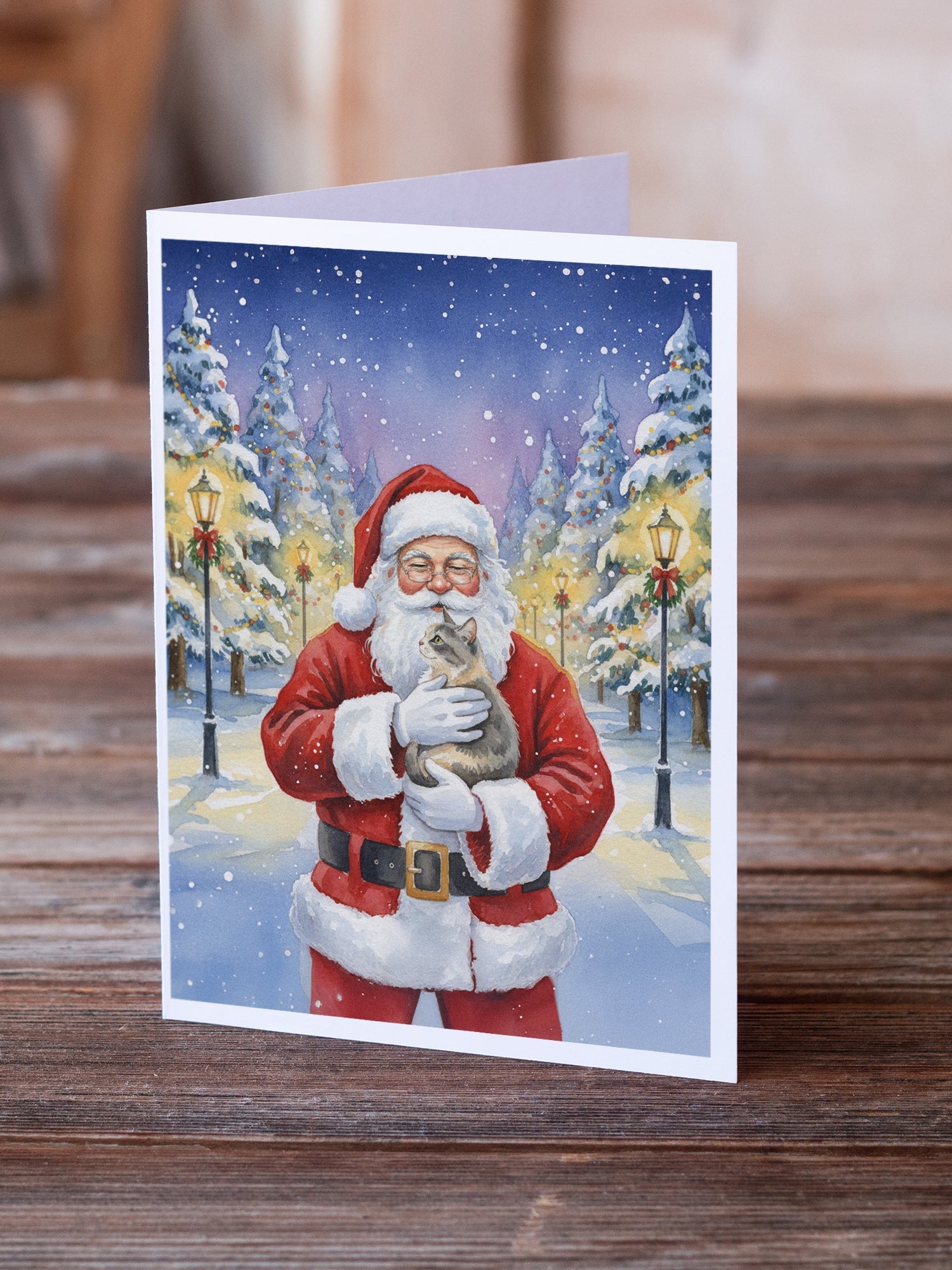 Dilute Tortoiseshell Cat with Santa Claus Greeting Cards Pack of 8 Blank Cards with Envelopes Whimsical A7 Size 5x7