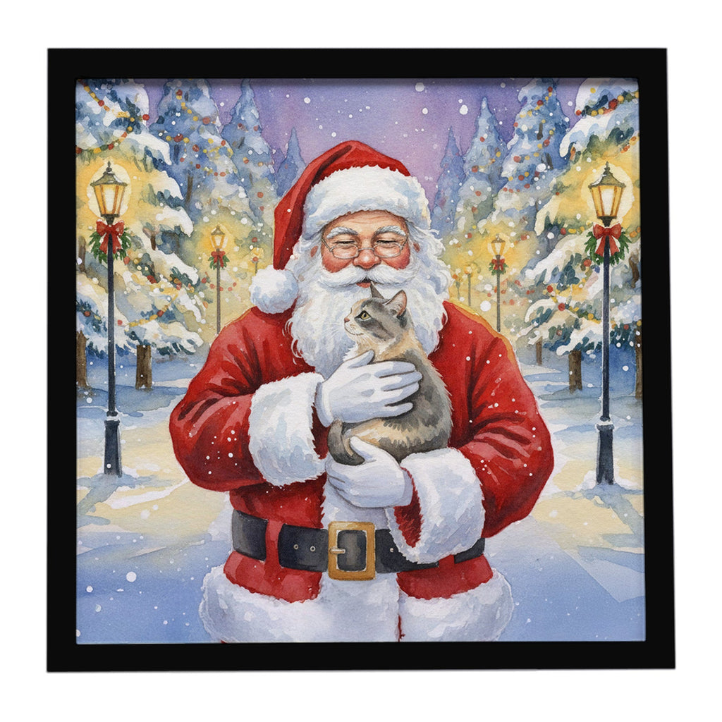 Dilute Tortoiseshell Cat with Santa Claus Framed Metal Print Bathroom, Kitchen, Office, Home Decor Wall Art Ready to Hang, Square, 8X8