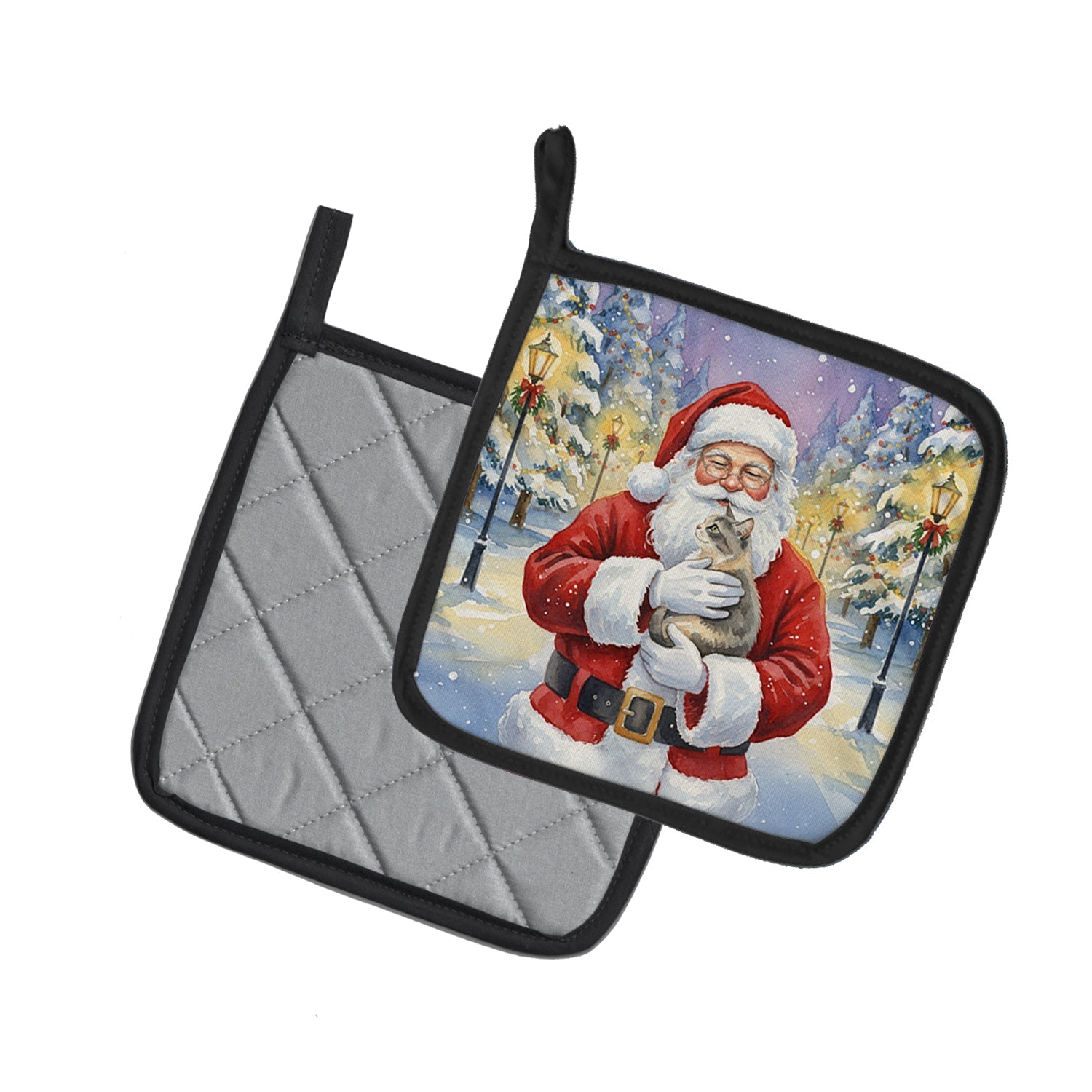 Dilute Tortoiseshell Cat with Santa Claus Pot Holder Set of 2 Heat Resistant Quilted Hot Pads 7.5 x 7.5 Inch, Insulated Kitchen Trivets for Cooking & Baking