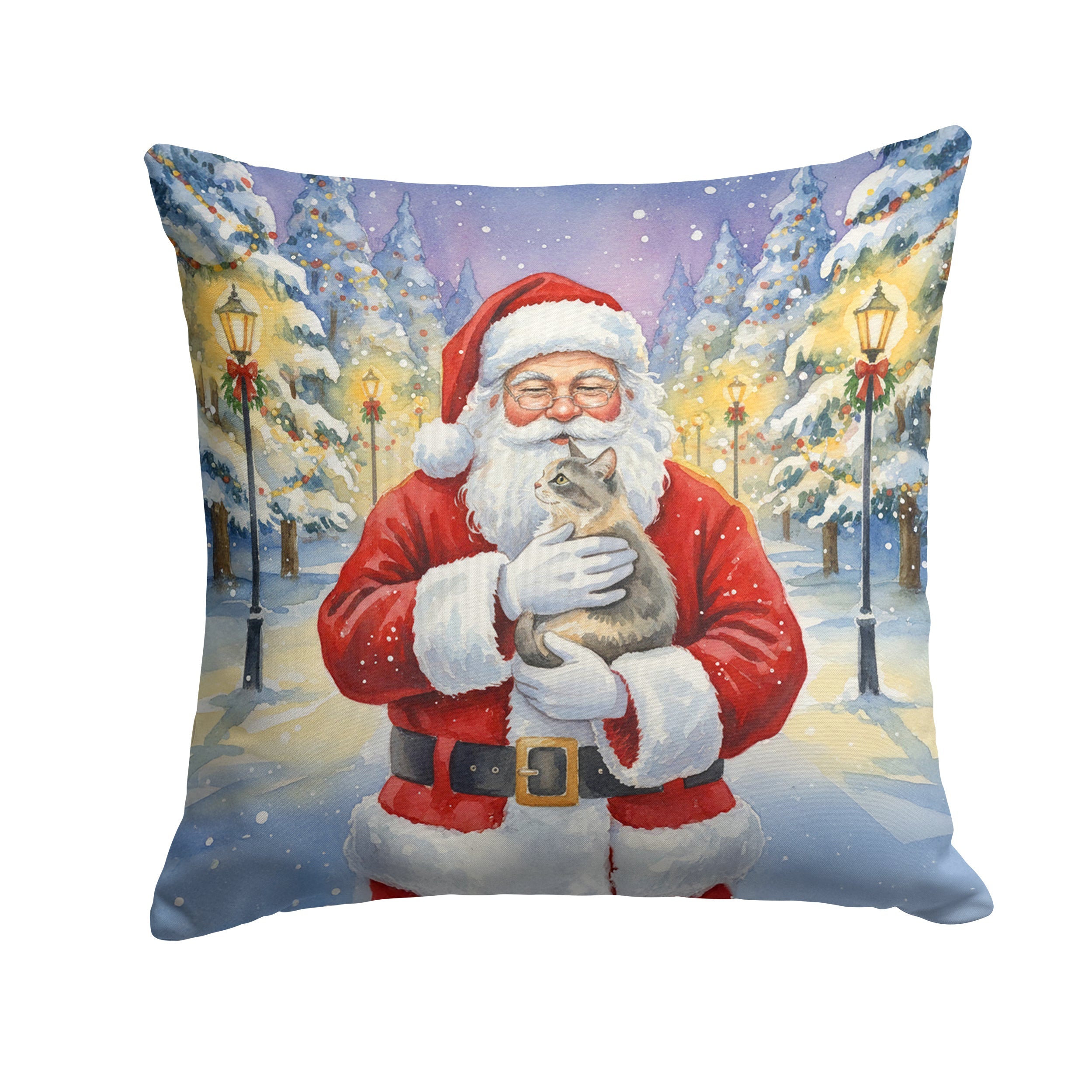 Dilute Tortoiseshell Cat with Santa Claus Decorative Throw Pillow 18x18 Indoor Outdoor Accent Cushion, Fabric Cover with Insert for Sofa, Bed, Porch & Living Room
