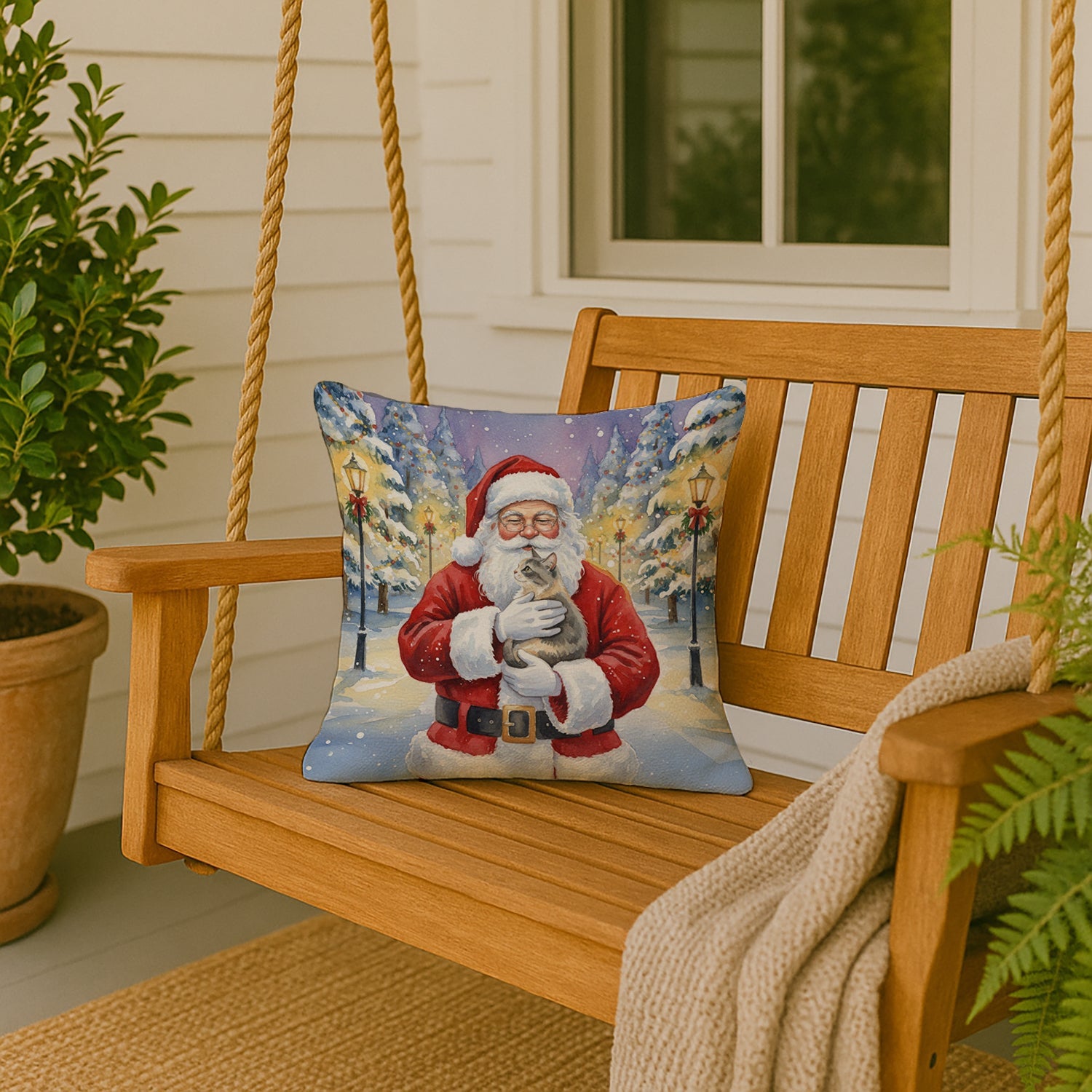 Dilute Tortoiseshell Cat with Santa Claus Decorative Throw Pillow 18x18 Indoor Outdoor Accent Cushion, Fabric Cover with Insert for Sofa, Bed, Porch & Living Room