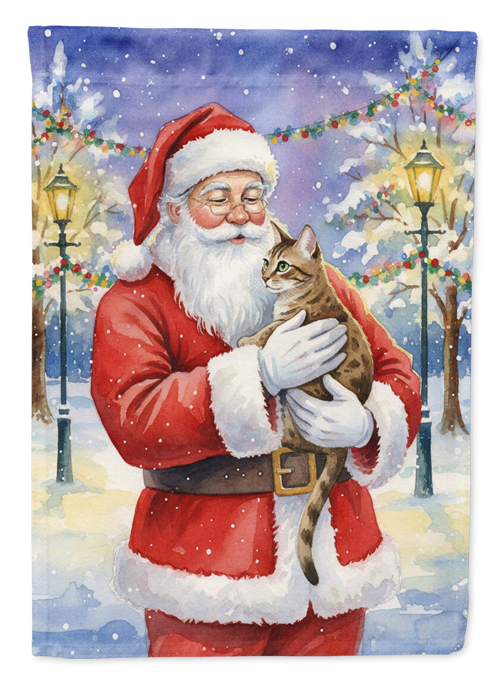 Egyptian Mau Cat with Santa Claus House Flag 28x40 Porch Sleeve Pole Decorative Outside Yard Banner Artwork Wall Hanging, Polyester