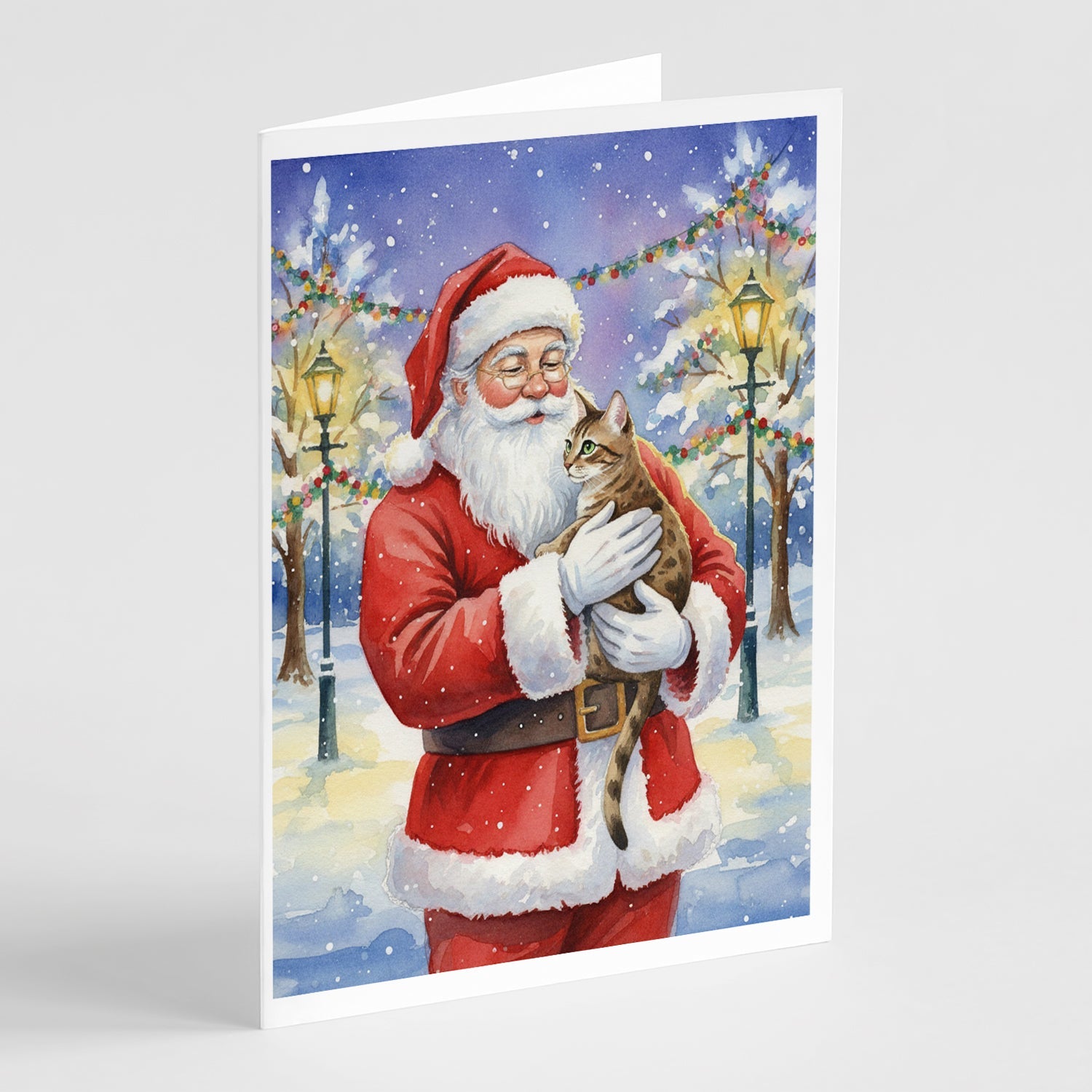 Egyptian Mau Cat with Santa Claus Greeting Cards Pack of 8 Blank Cards with Envelopes Whimsical A7 Size 5x7