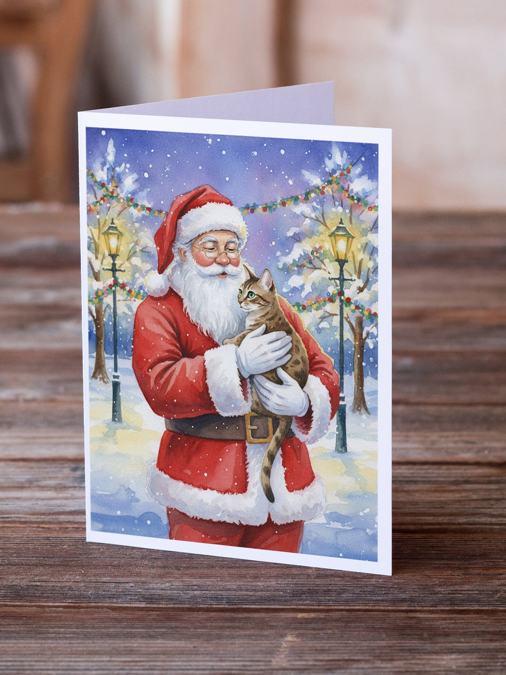 Egyptian Mau Cat with Santa Claus Greeting Cards Pack of 8 Blank Cards with Envelopes Whimsical A7 Size 5x7