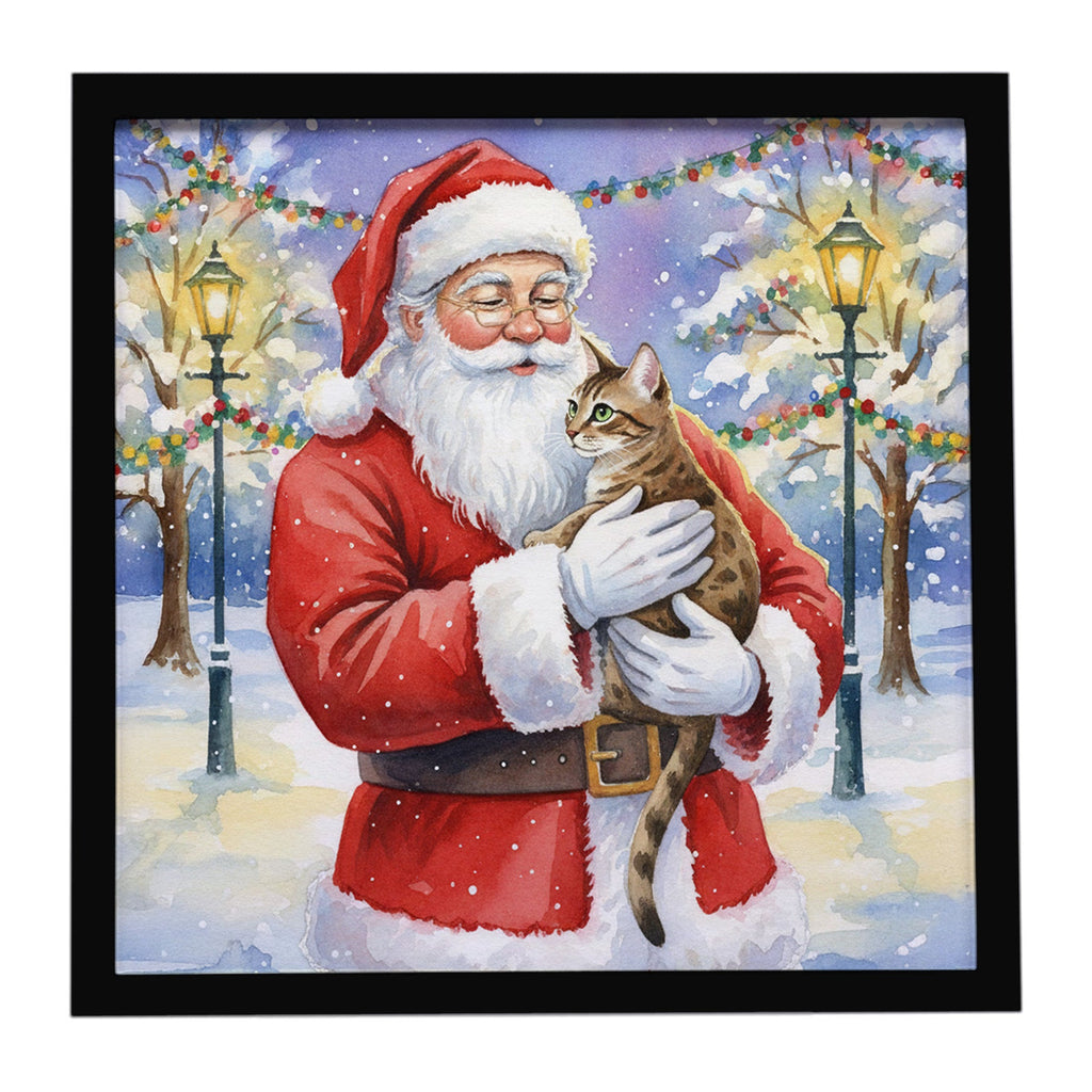 Egyptian Mau Cat with Santa Claus Framed Metal Print Bathroom, Kitchen, Office, Home Decor Wall Art Ready to Hang, Square, 8X8