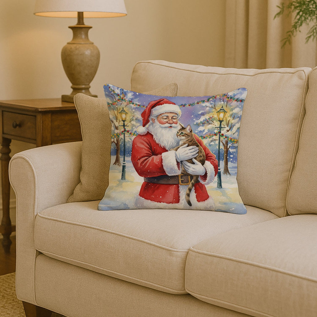Egyptian Mau Cat with Santa Claus Decorative Throw Pillow 14x14 Indoor Outdoor Accent Cushion, Fabric Cover with Insert for Sofa, Bed, Porch & Living Room