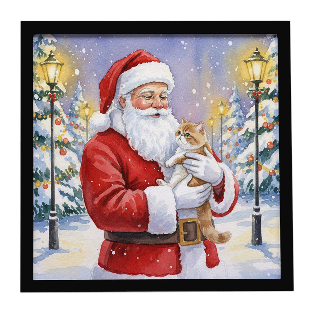 Exotic Shorthair Cat with Santa Claus Framed Metal Print Bathroom, Kitchen, Office, Home Decor Wall Art Ready to Hang, Square, 8X8