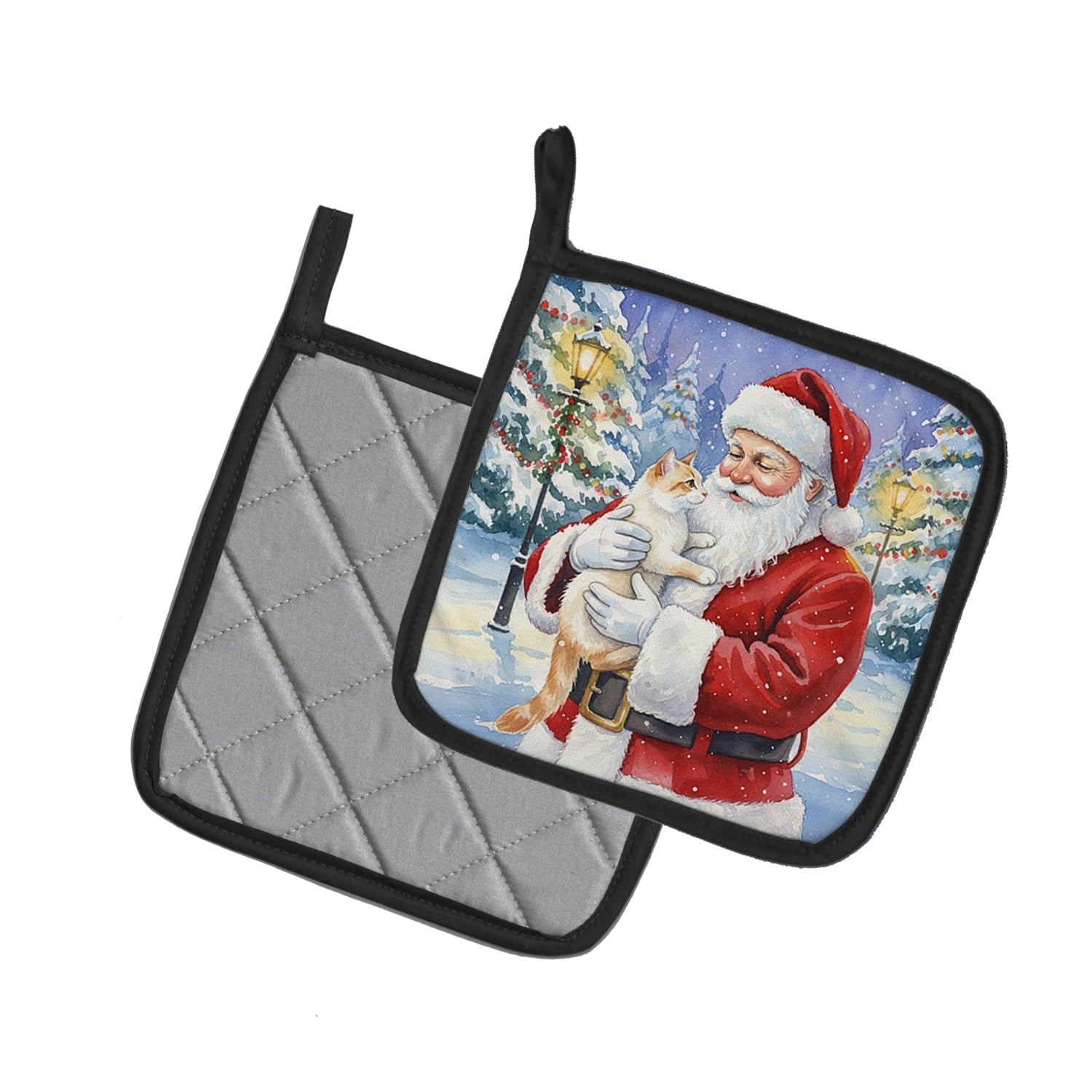 Flame Point Cat with Santa Claus Pot Holder Set of 2 Heat Resistant Quilted Hot Pads 7.5 x 7.5 Inch, Insulated Kitchen Trivets for Cooking & Baking