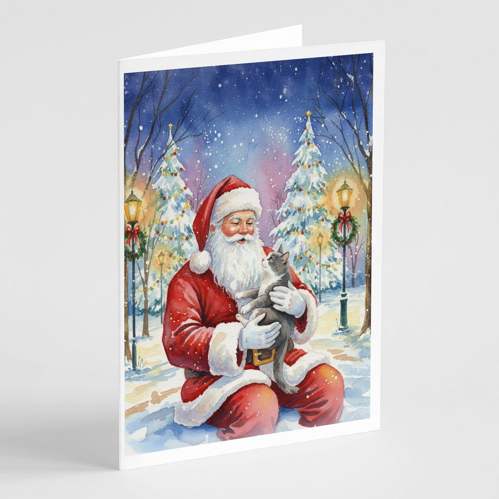 Gray and White Cat with Santa Claus Greeting Cards Pack of 8 Blank Cards with Envelopes Whimsical A7 Size 5x7