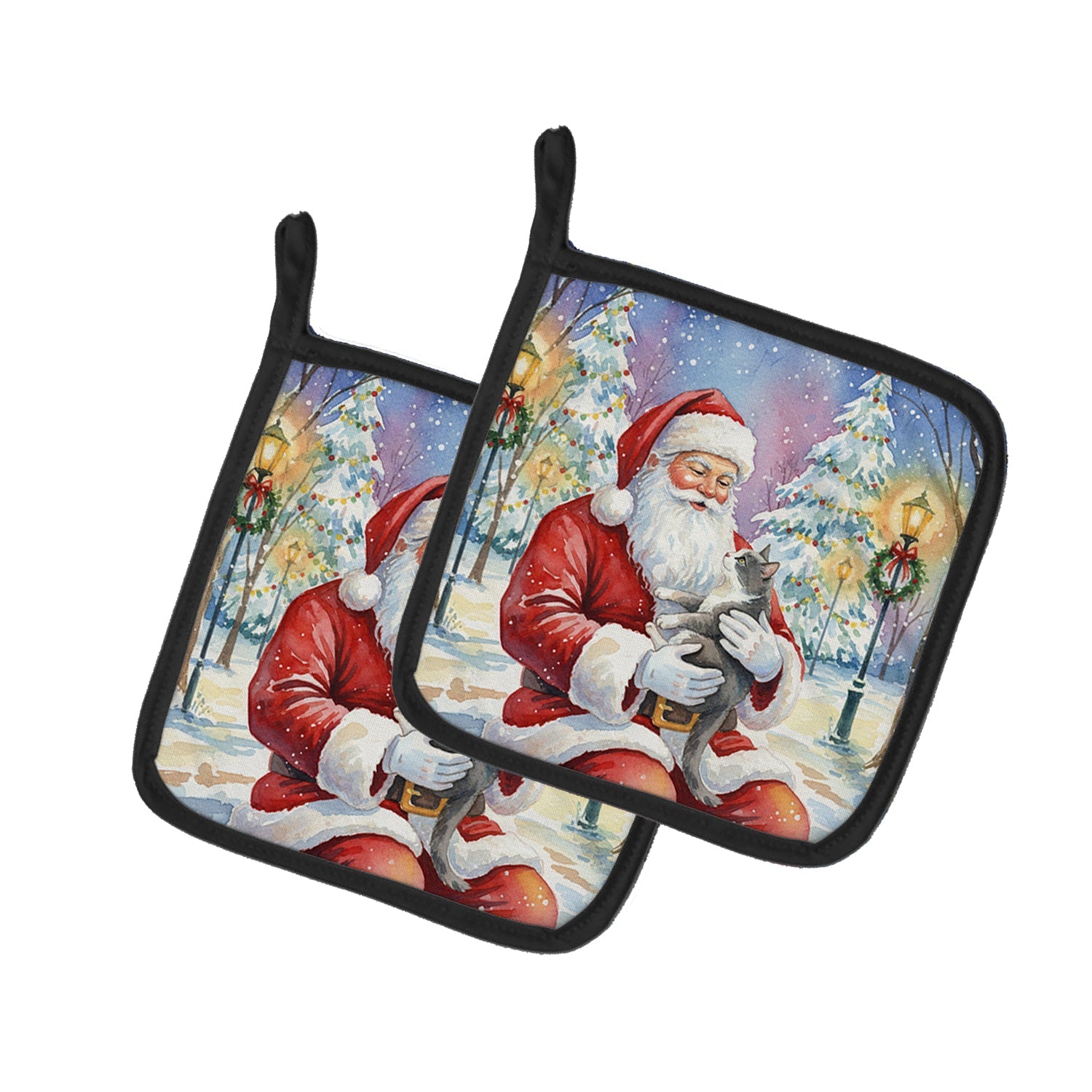 Gray and White Cat with Santa Claus Pot Holder Set of 2 Heat Resistant Quilted Hot Pads 7.5 x 7.5 Inch, Insulated Kitchen Trivets for Cooking & Baking