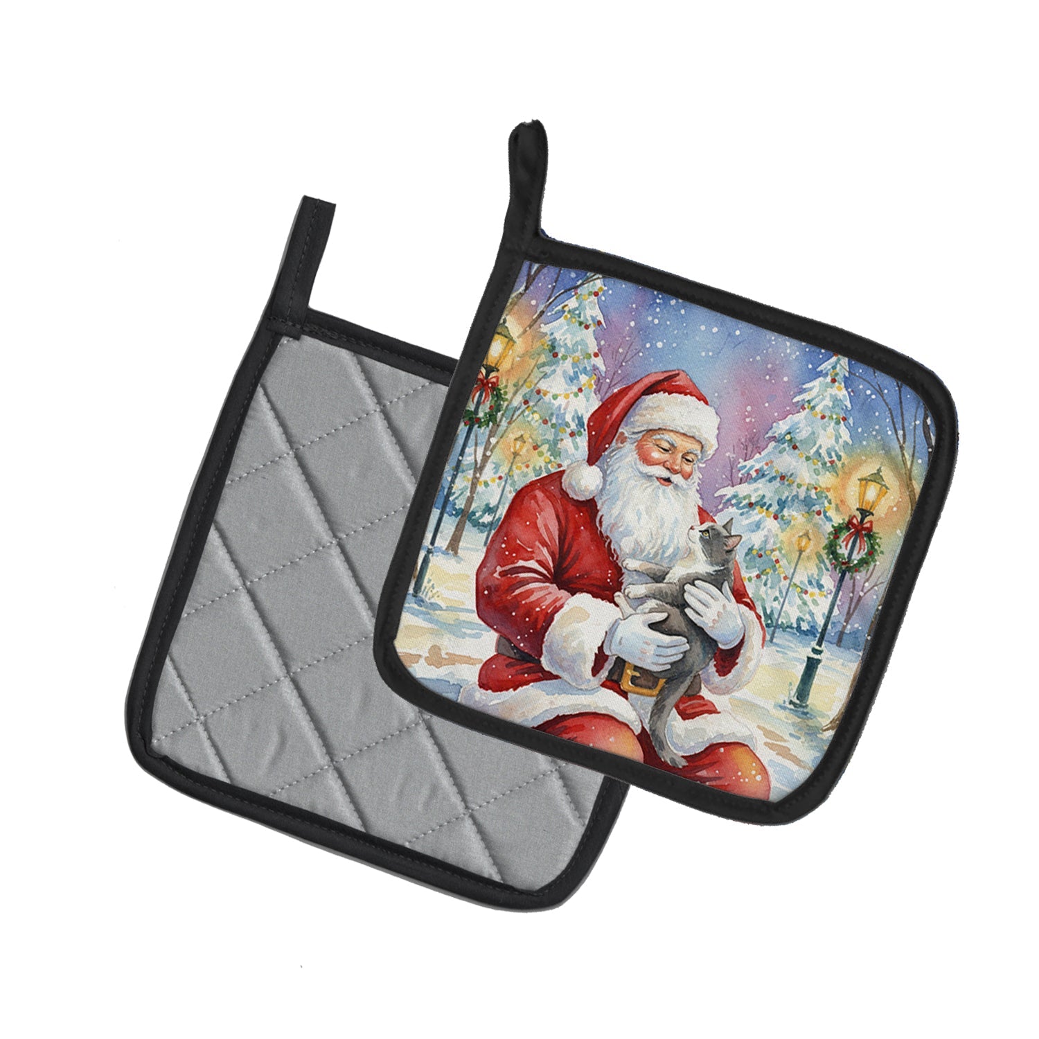 Gray and White Cat with Santa Claus Pot Holder Set of 2 Heat Resistant Quilted Hot Pads 7.5 x 7.5 Inch, Insulated Kitchen Trivets for Cooking & Baking