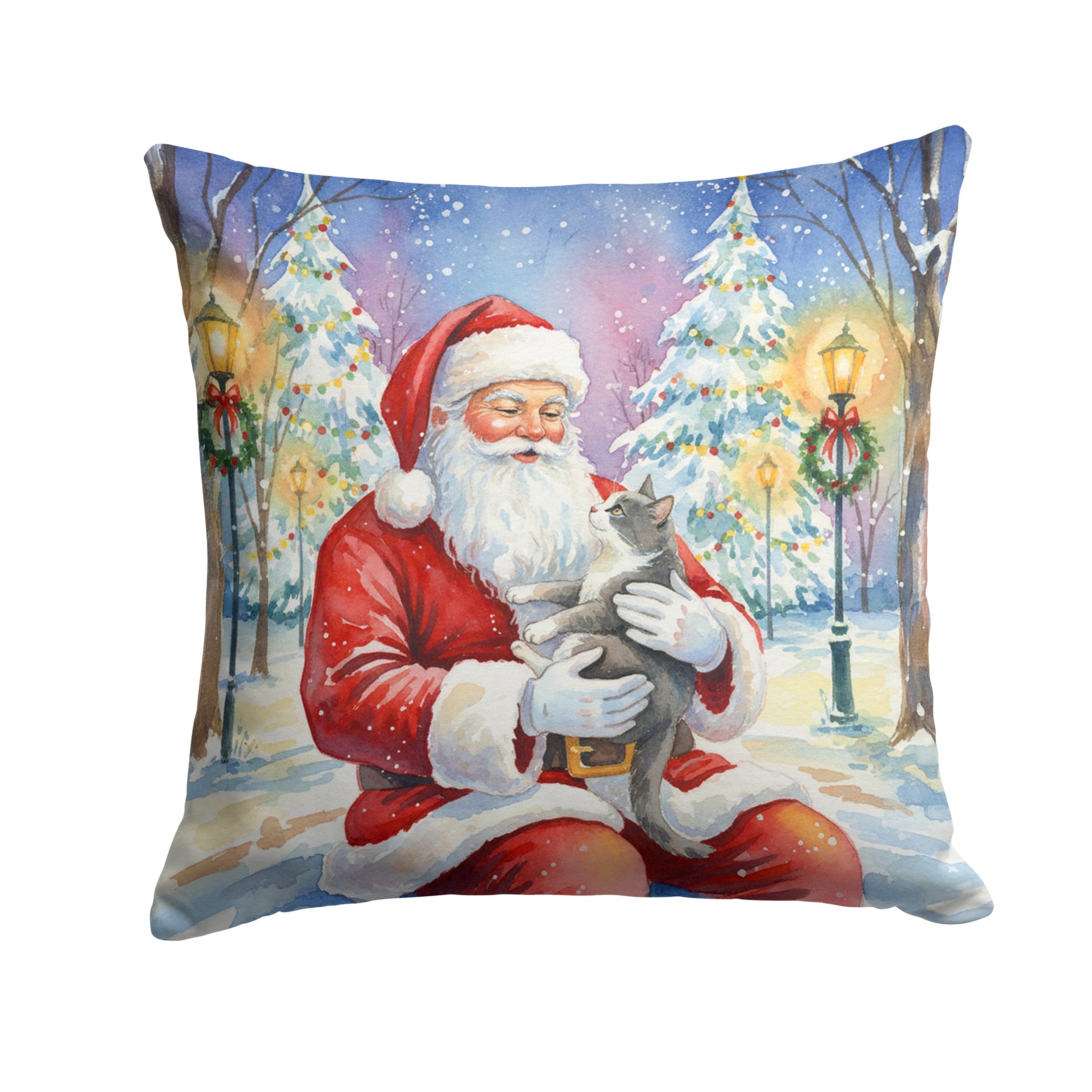 Gray and White Cat with Santa Claus Decorative Throw Pillow 18x18 Indoor Outdoor Accent Cushion, Fabric Cover with Insert for Sofa, Bed, Porch & Living Room