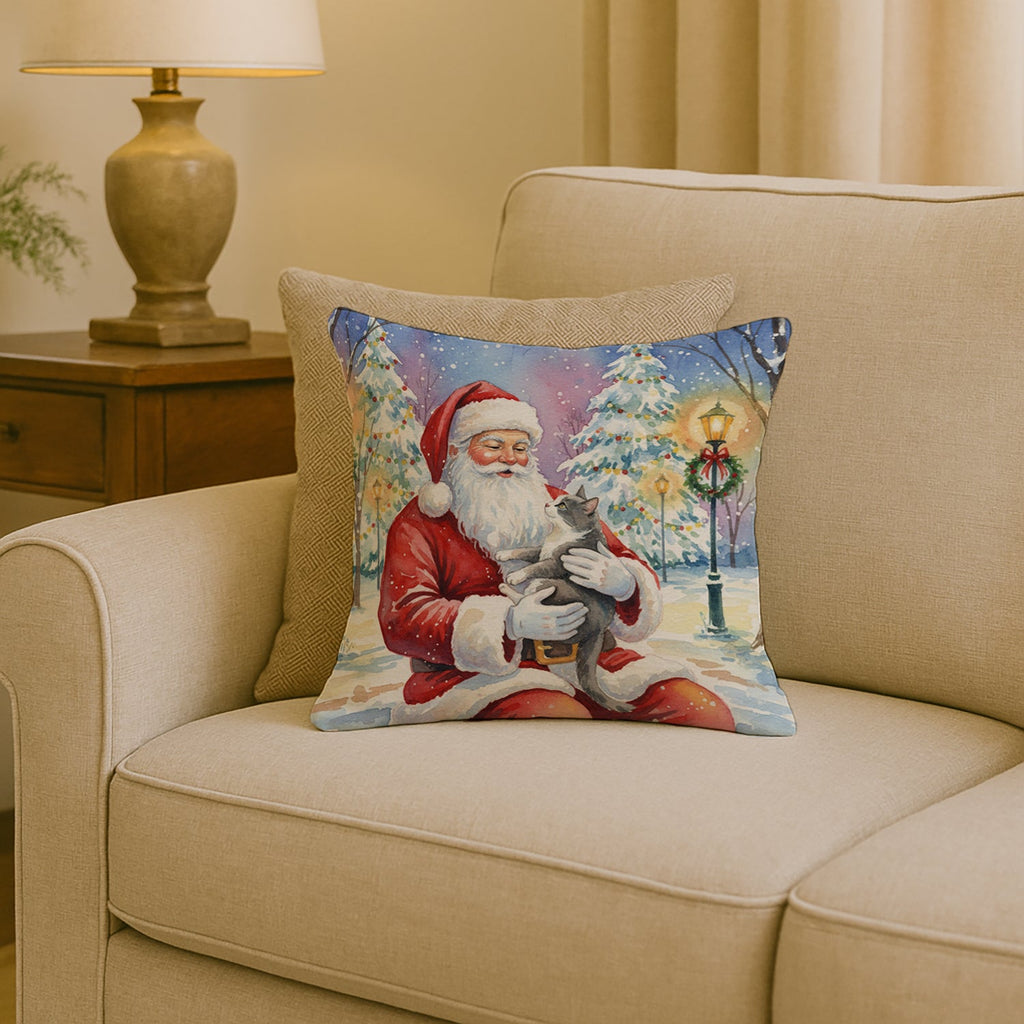 Gray and White Cat with Santa Claus Decorative Throw Pillow 18x18 Indoor Outdoor Accent Cushion, Fabric Cover with Insert for Sofa, Bed, Porch & Living Room