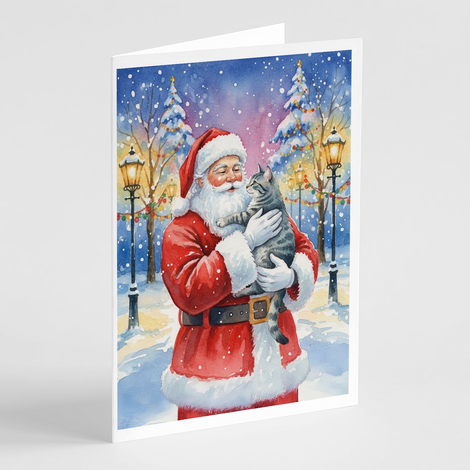 Gray Mackerel Tabby Cat with Santa Claus Greeting Cards Pack of 8 Blank Cards with Envelopes Whimsical A7 Size 5x7