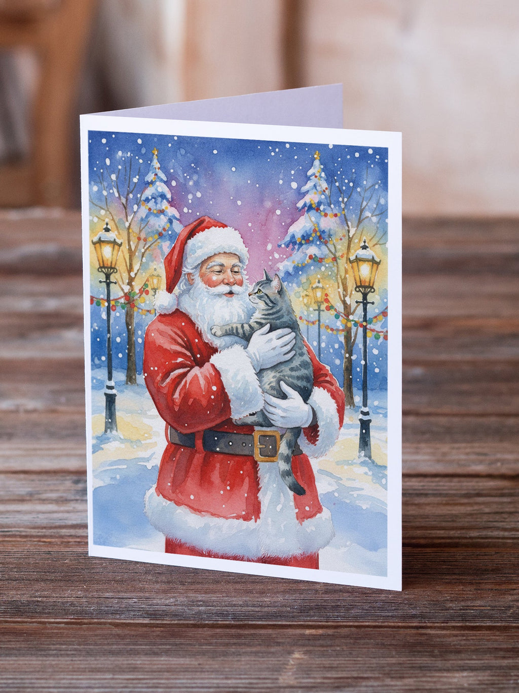 Gray Mackerel Tabby Cat with Santa Claus Greeting Cards Pack of 8 Blank Cards with Envelopes Whimsical A7 Size 5x7