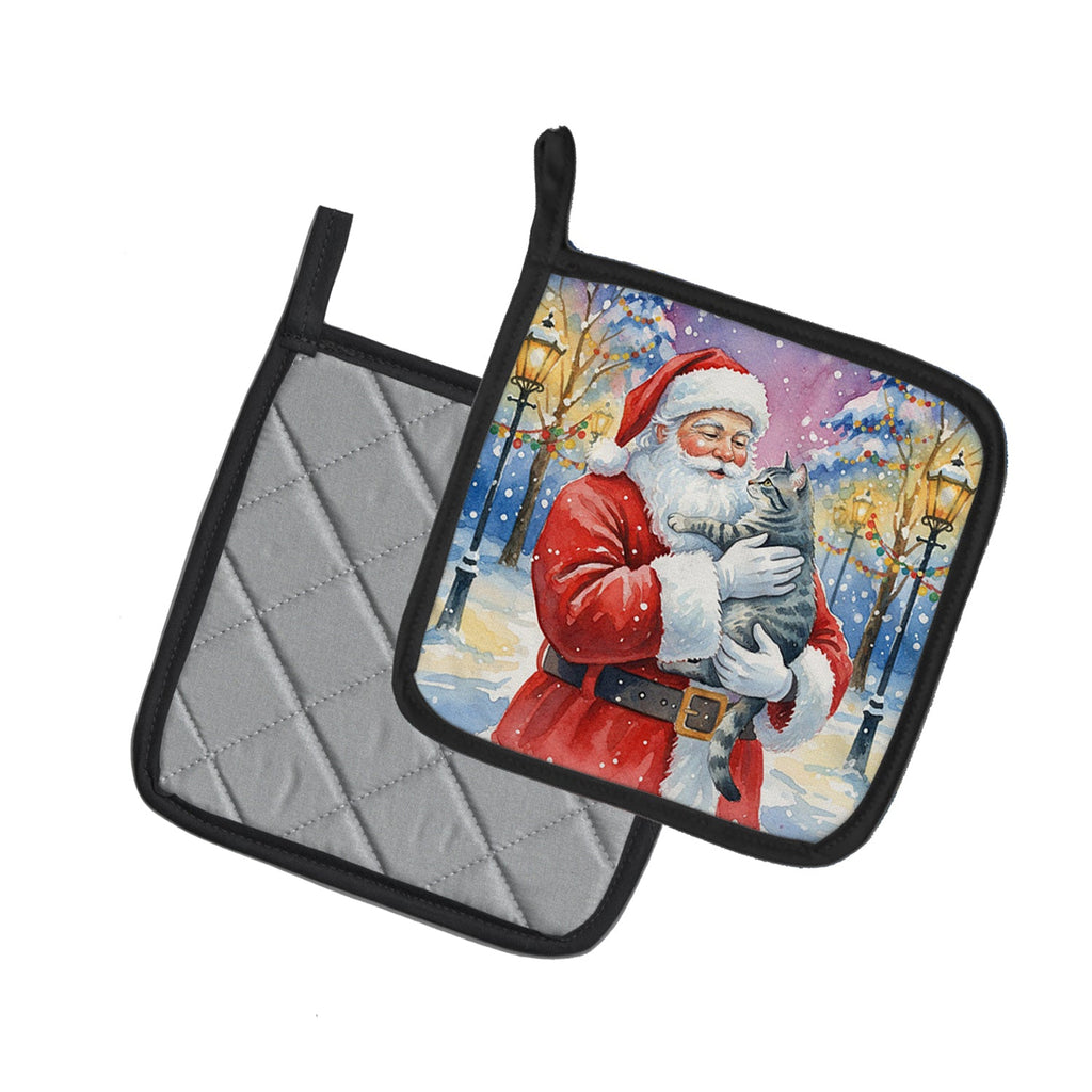 Gray Mackerel Tabby Cat with Santa Claus Pot Holder Set of 2 Heat Resistant Quilted Hot Pads 7.5 x 7.5 Inch, Insulated Kitchen Trivets for Cooking & Baking