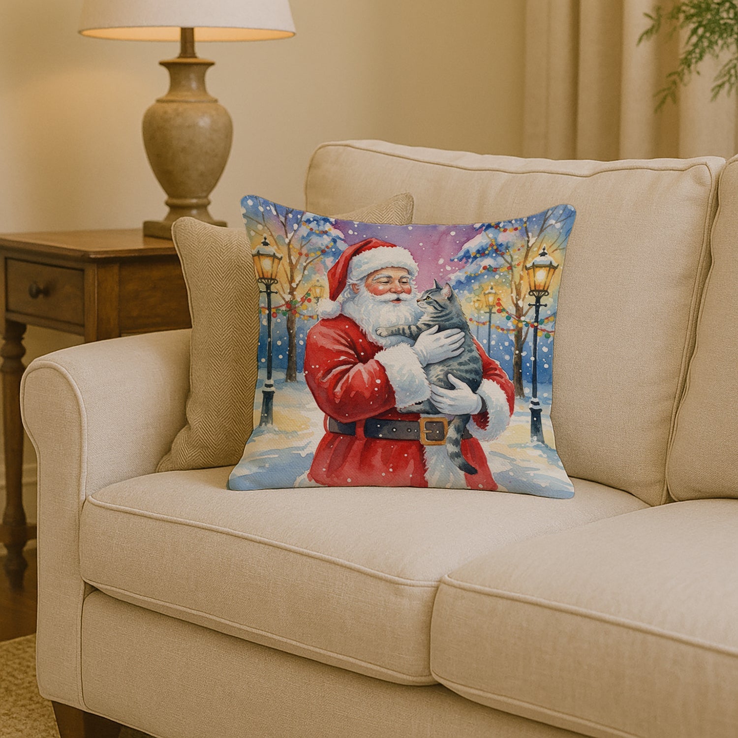 Gray Mackerel Tabby Cat with Santa Claus Decorative Throw Pillow 14x14 Indoor Outdoor Accent Cushion, Fabric Cover with Insert for Sofa, Bed, Porch & Living Room