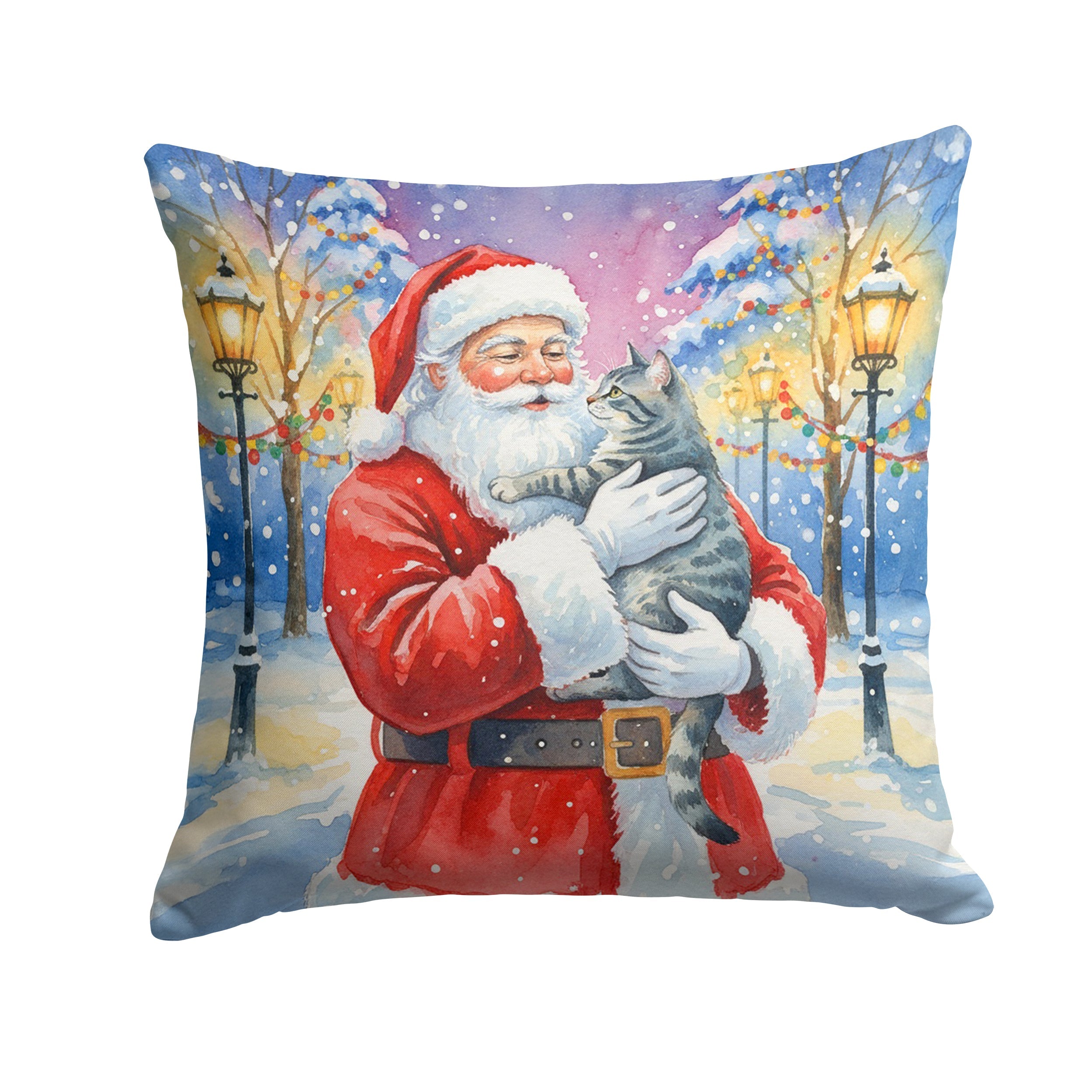 Gray Mackerel Tabby Cat with Santa Claus Decorative Throw Pillow 18x18 Indoor Outdoor Accent Cushion, Fabric Cover with Insert for Sofa, Bed, Porch & Living Room