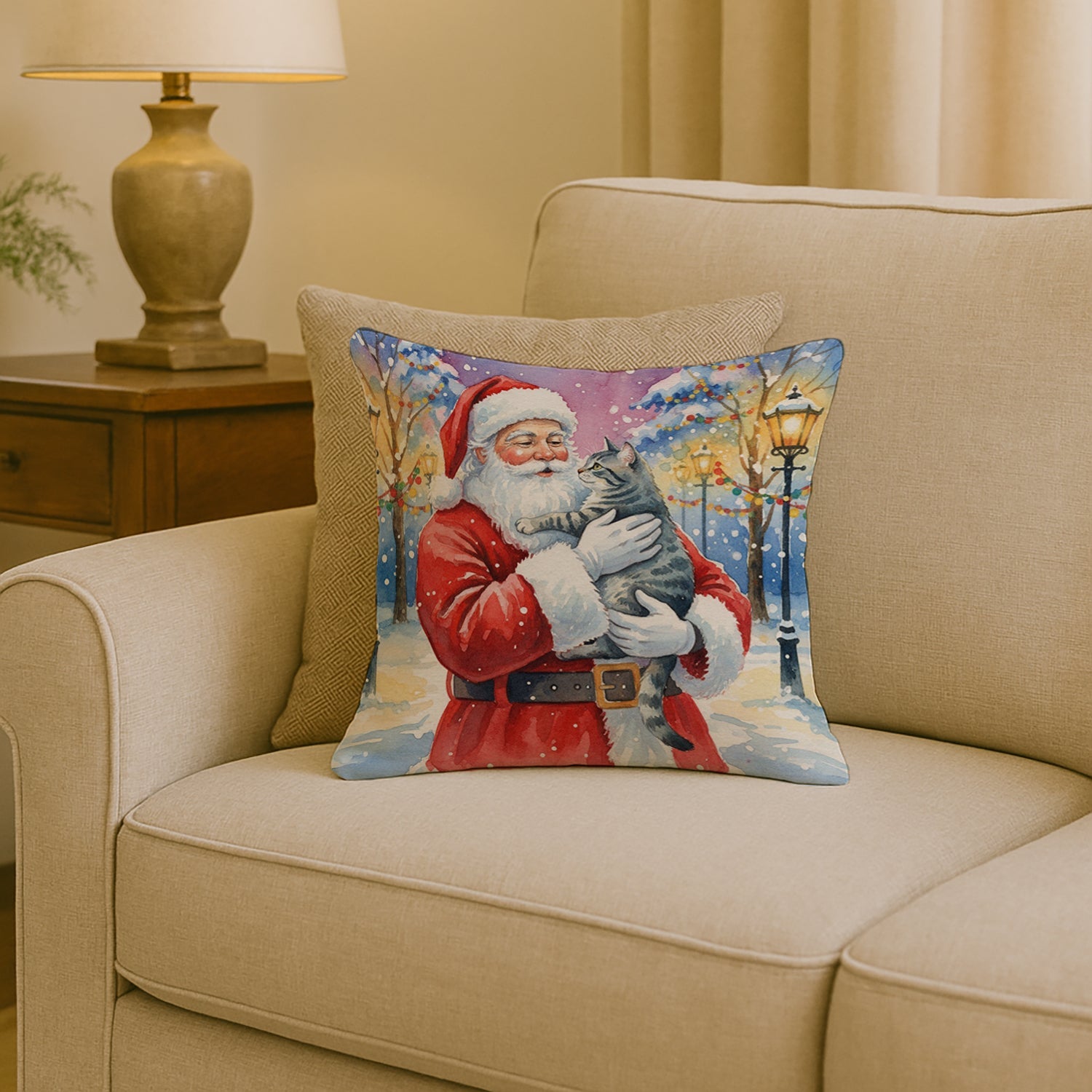 Gray Mackerel Tabby Cat with Santa Claus Decorative Throw Pillow 18x18 Indoor Outdoor Accent Cushion, Fabric Cover with Insert for Sofa, Bed, Porch & Living Room