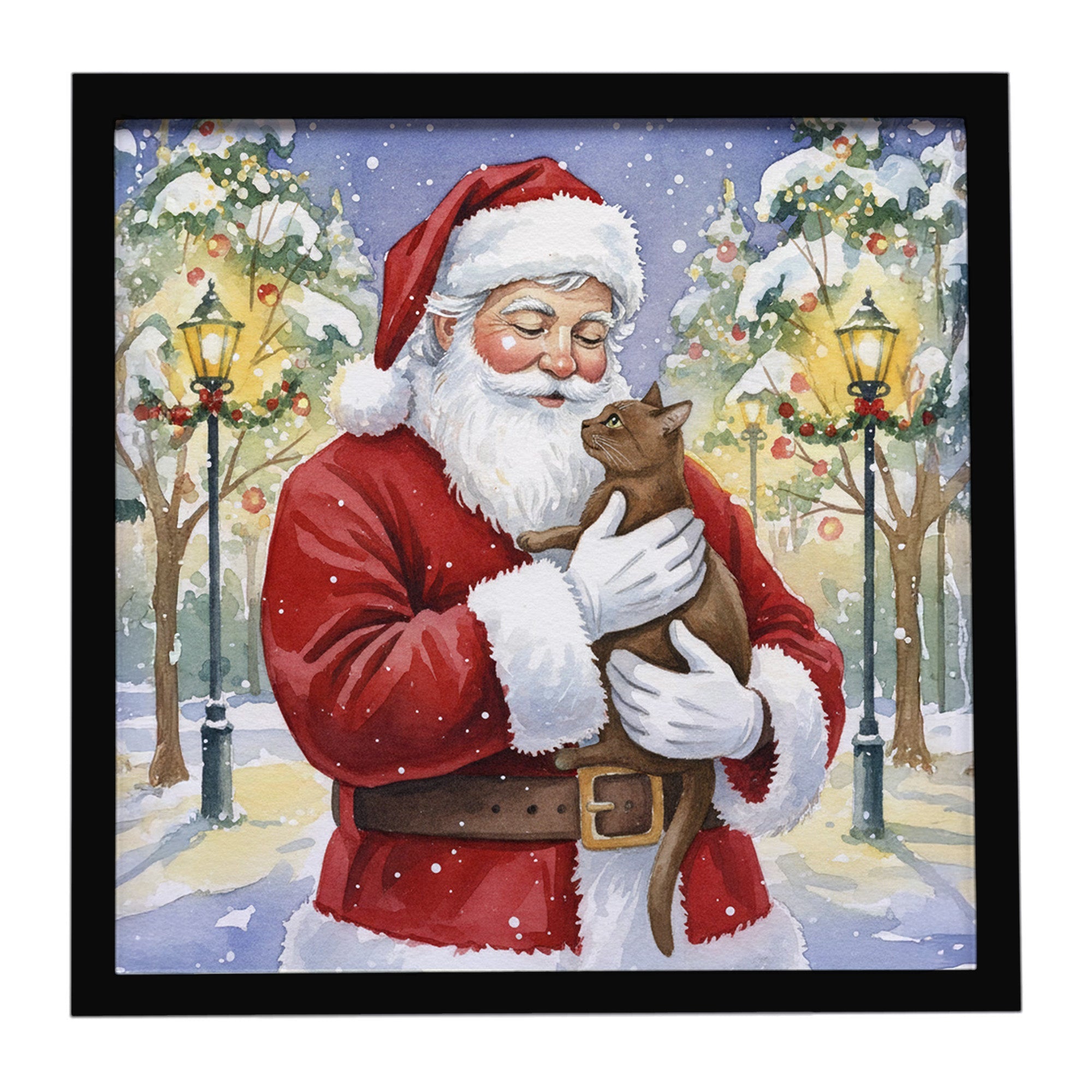 Havana Cat with Santa Claus Framed Metal Print Bathroom, Kitchen, Office, Home Decor Wall Art Ready to Hang, Square, 8X8