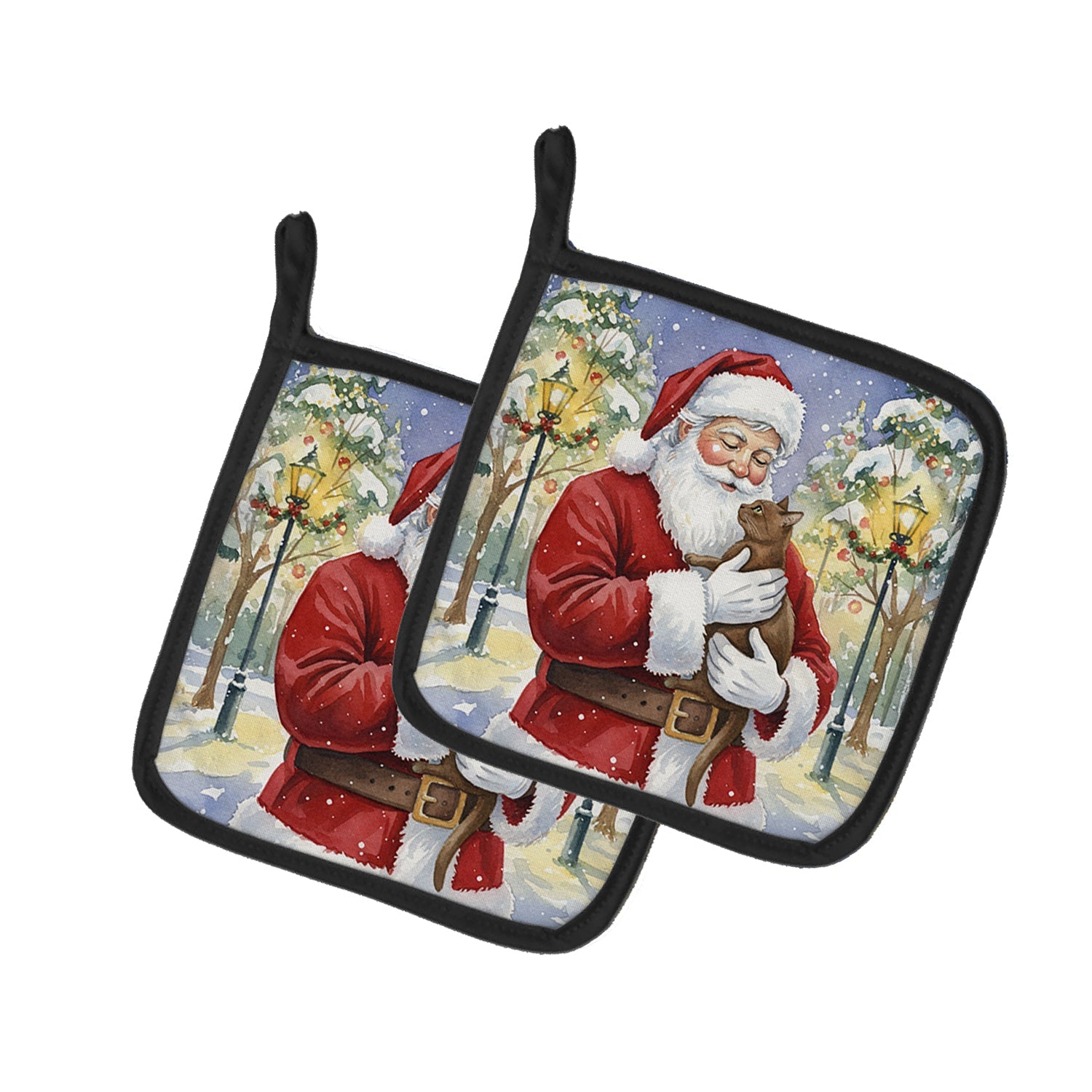 Havana Cat with Santa Claus Pot Holder Set of 2 Heat Resistant Quilted Hot Pads 7.5 x 7.5 Inch, Insulated Kitchen Trivets for Cooking & Baking