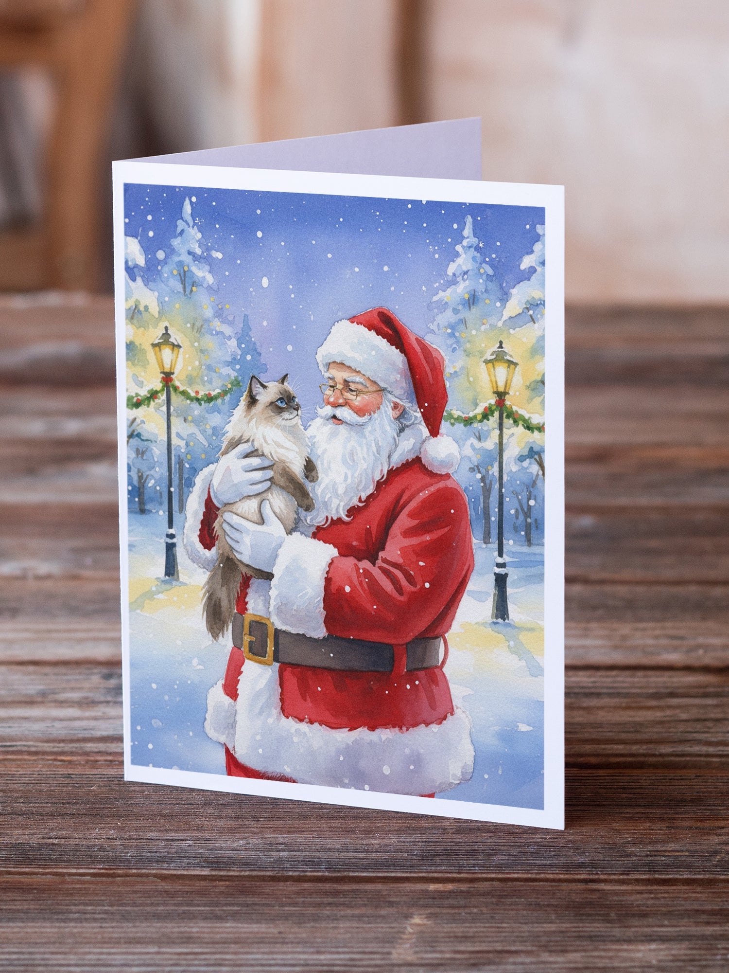 Himalayan Cat with Santa Claus Greeting Cards Pack of 8 Blank Cards with Envelopes Whimsical A7 Size 5x7