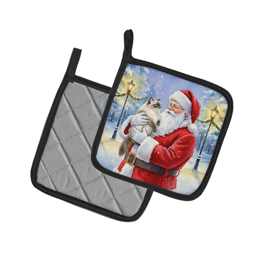 Himalayan Cat with Santa Claus Pot Holder Set of 2 Heat Resistant Quilted Hot Pads 7.5 x 7.5 Inch, Insulated Kitchen Trivets for Cooking & Baking