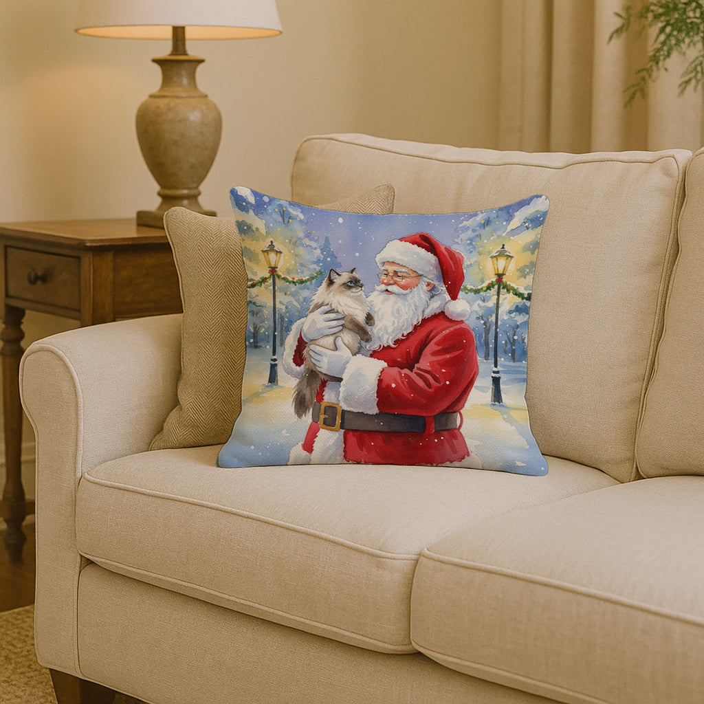 Himalayan Cat with Santa Claus Decorative Throw Pillow 14x14 Indoor Outdoor Accent Cushion, Fabric Cover with Insert for Sofa, Bed, Porch & Living Room