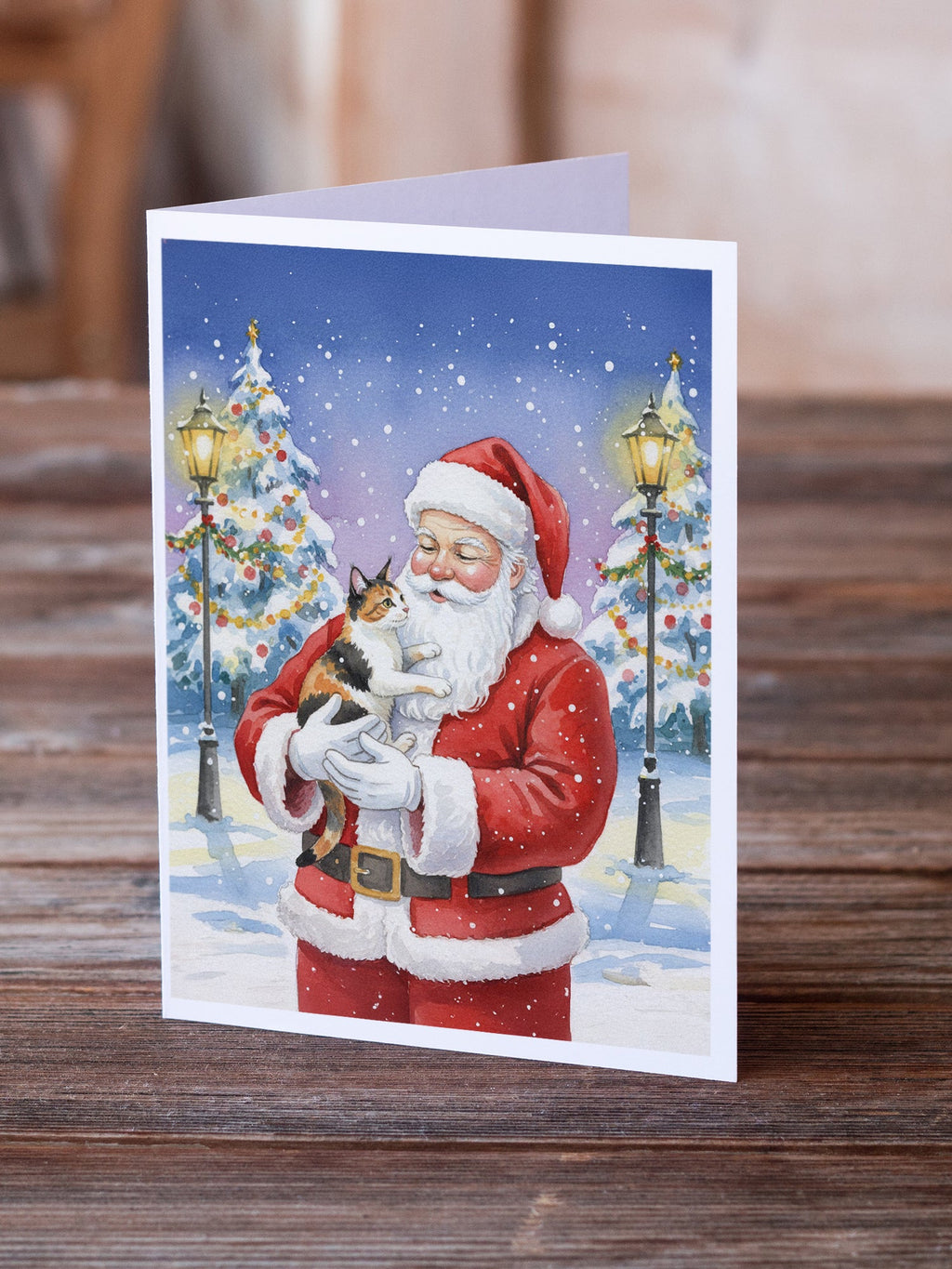 Japanese Bobtail Cat with Santa Claus Greeting Cards Pack of 8 Blank Cards with Envelopes Whimsical A7 Size 5x7