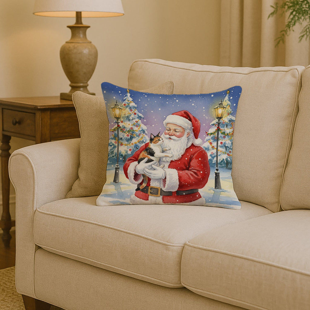 Japanese Bobtail Cat with Santa Claus Decorative Throw Pillow 14x14 Indoor Outdoor Accent Cushion, Fabric Cover with Insert for Sofa, Bed, Porch & Living Room