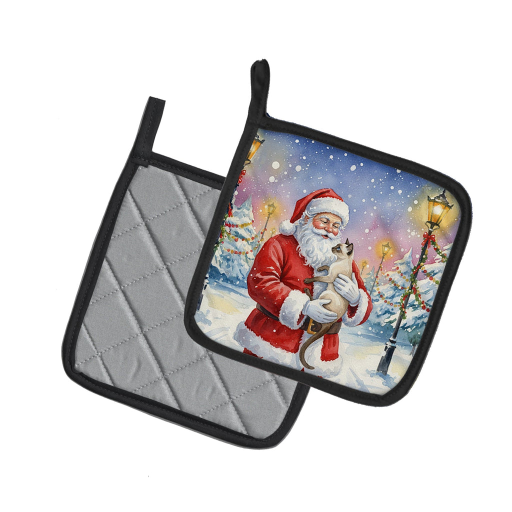 Javanese Cat with Santa Claus Pot Holder Set of 2 Heat Resistant Quilted Hot Pads 7.5 x 7.5 Inch, Insulated Kitchen Trivets for Cooking & Baking