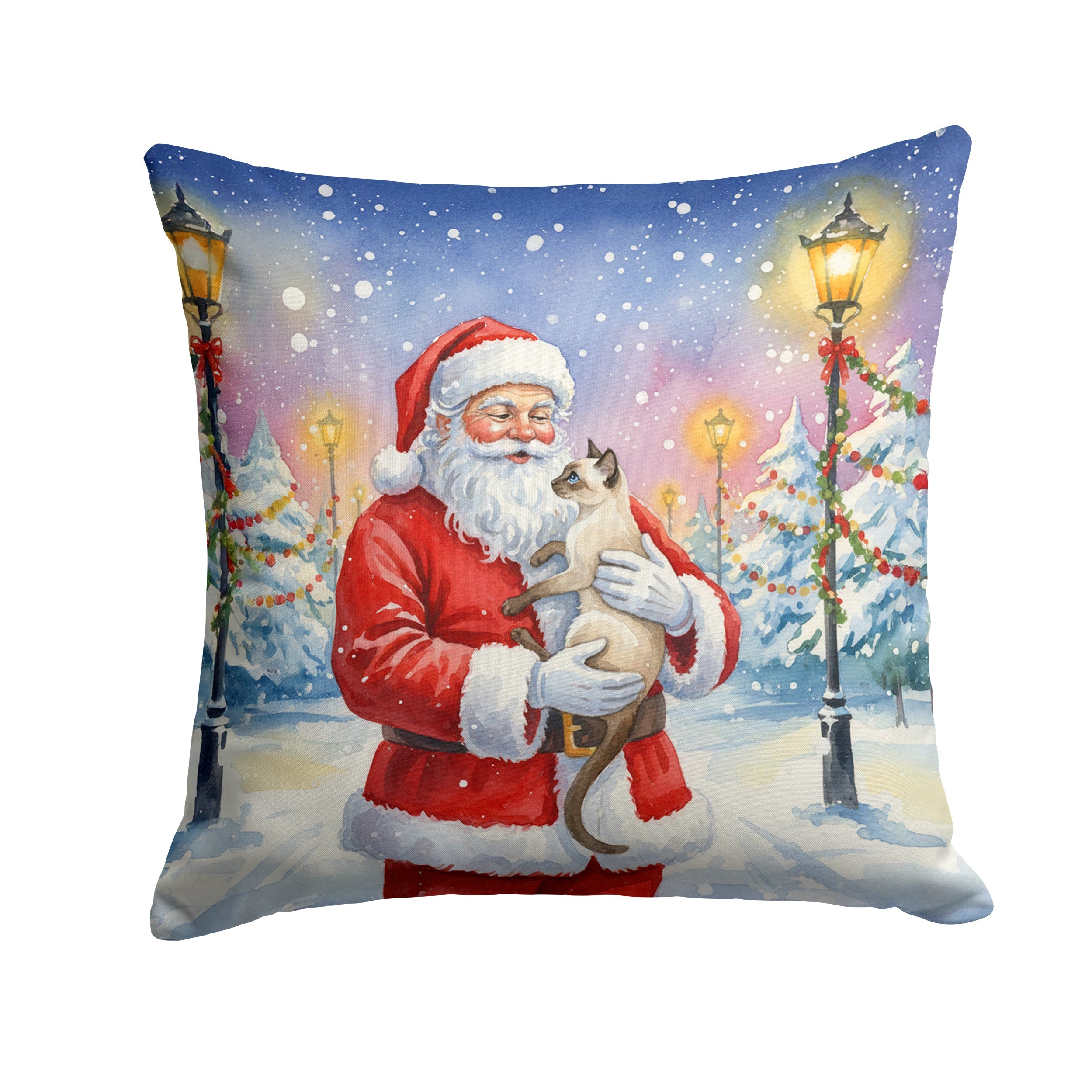 Javanese Cat with Santa Claus Decorative Throw Pillow 18x18 Indoor Outdoor Accent Cushion, Fabric Cover with Insert for Sofa, Bed, Porch & Living Room