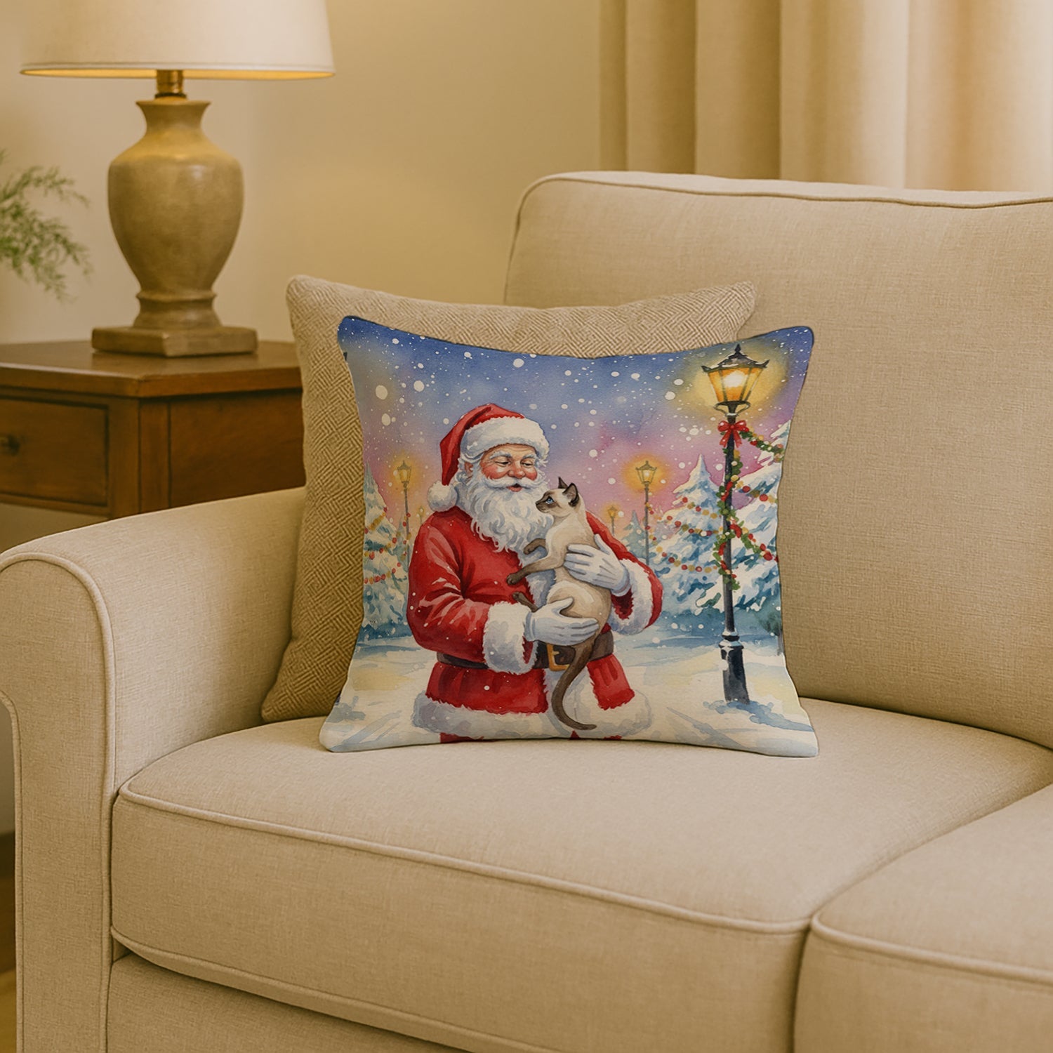 Javanese Cat with Santa Claus Decorative Throw Pillow 18x18 Indoor Outdoor Accent Cushion, Fabric Cover with Insert for Sofa, Bed, Porch & Living Room
