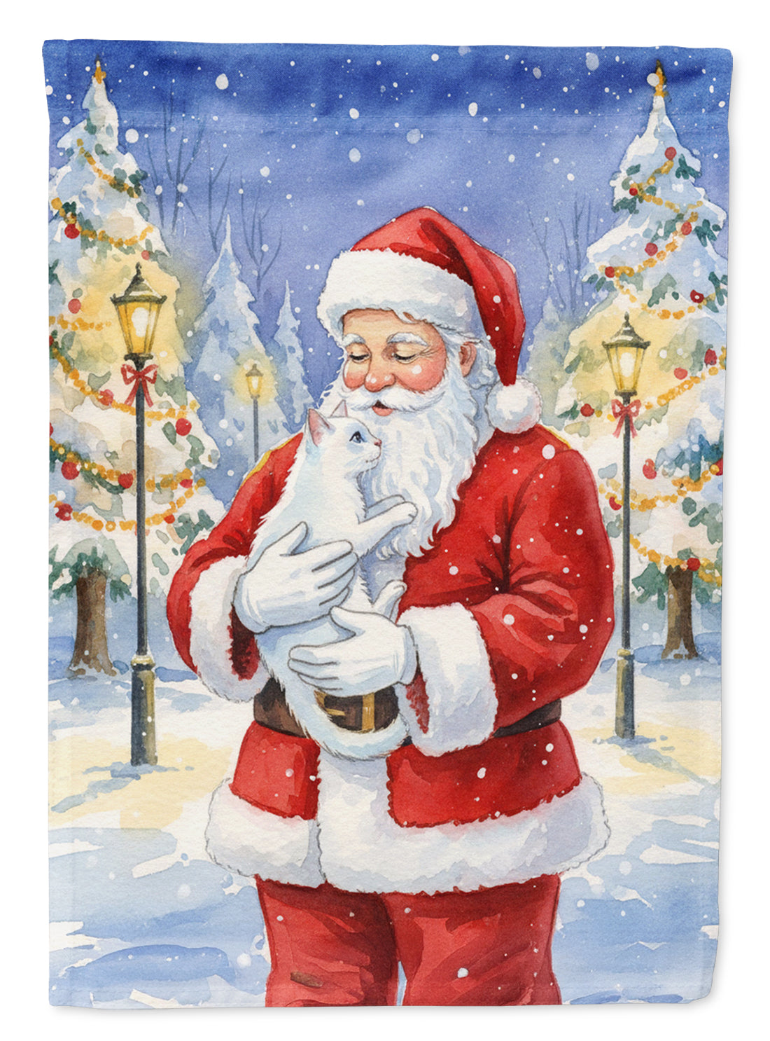 Khao Manee Cat with Santa Claus House Flag 28x40 Porch Sleeve Pole Decorative Outside Yard Banner Artwork Wall Hanging, Polyester
