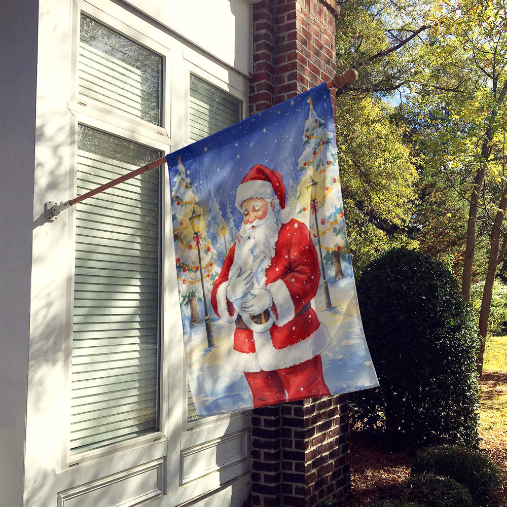 Khao Manee Cat with Santa Claus House Flag 28x40 Porch Sleeve Pole Decorative Outside Yard Banner Artwork Wall Hanging, Polyester