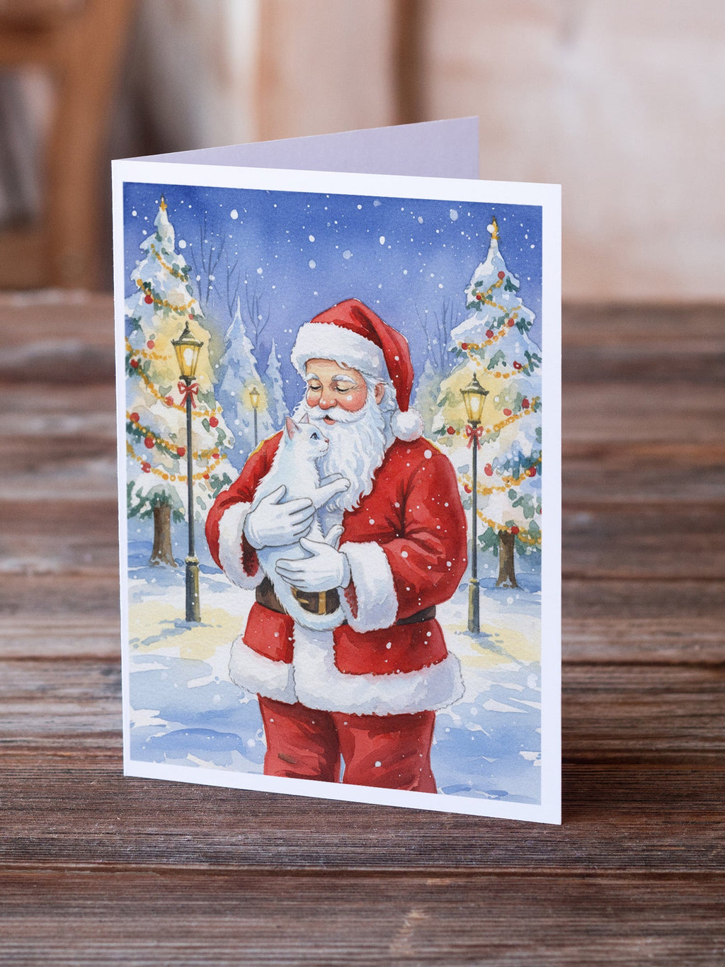 Khao Manee Cat with Santa Claus Greeting Cards Pack of 8 Blank Cards with Envelopes Whimsical A7 Size 5x7