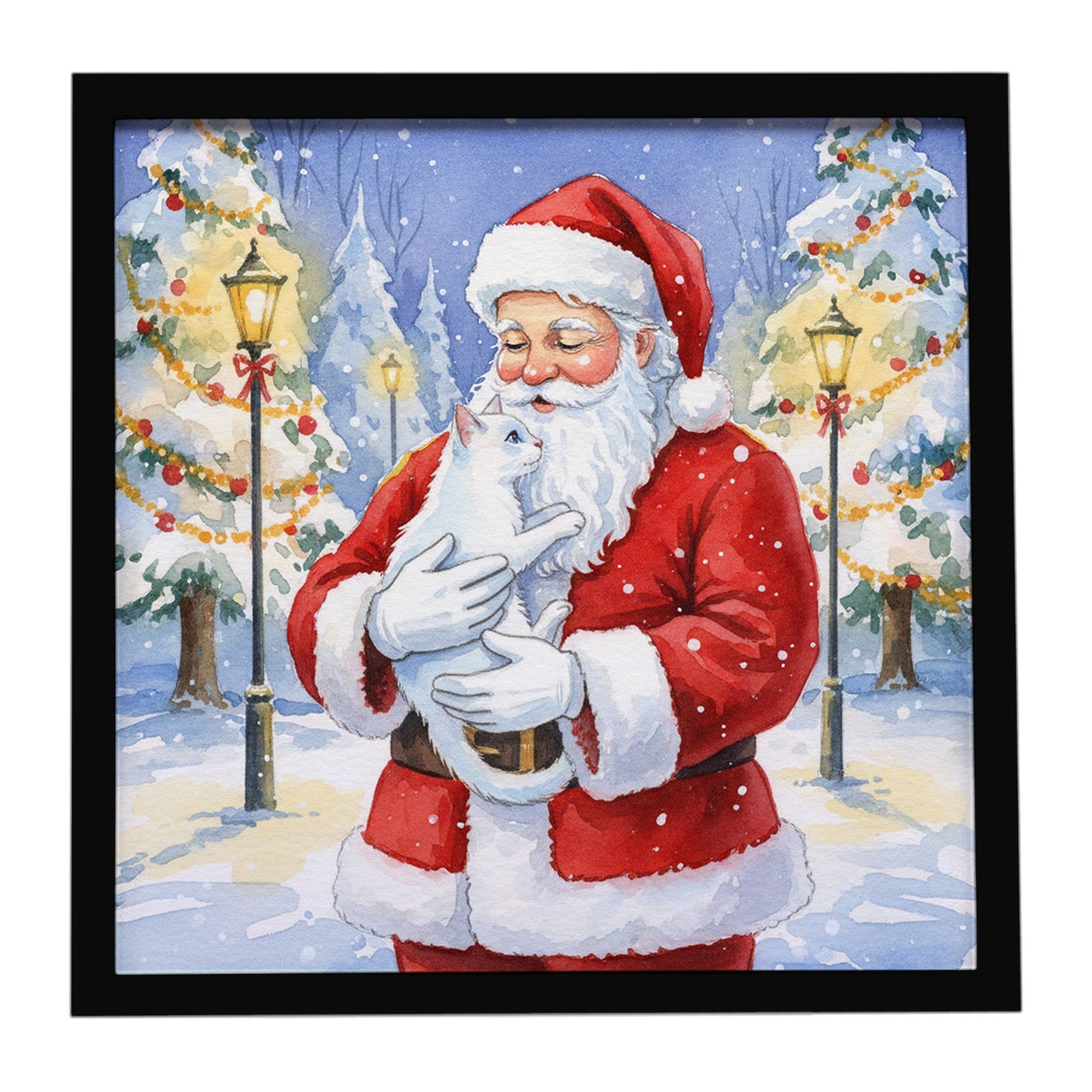 Khao Manee Cat with Santa Claus Framed Metal Print Bathroom, Kitchen, Office, Home Decor Wall Art Ready to Hang, Square, 8X8