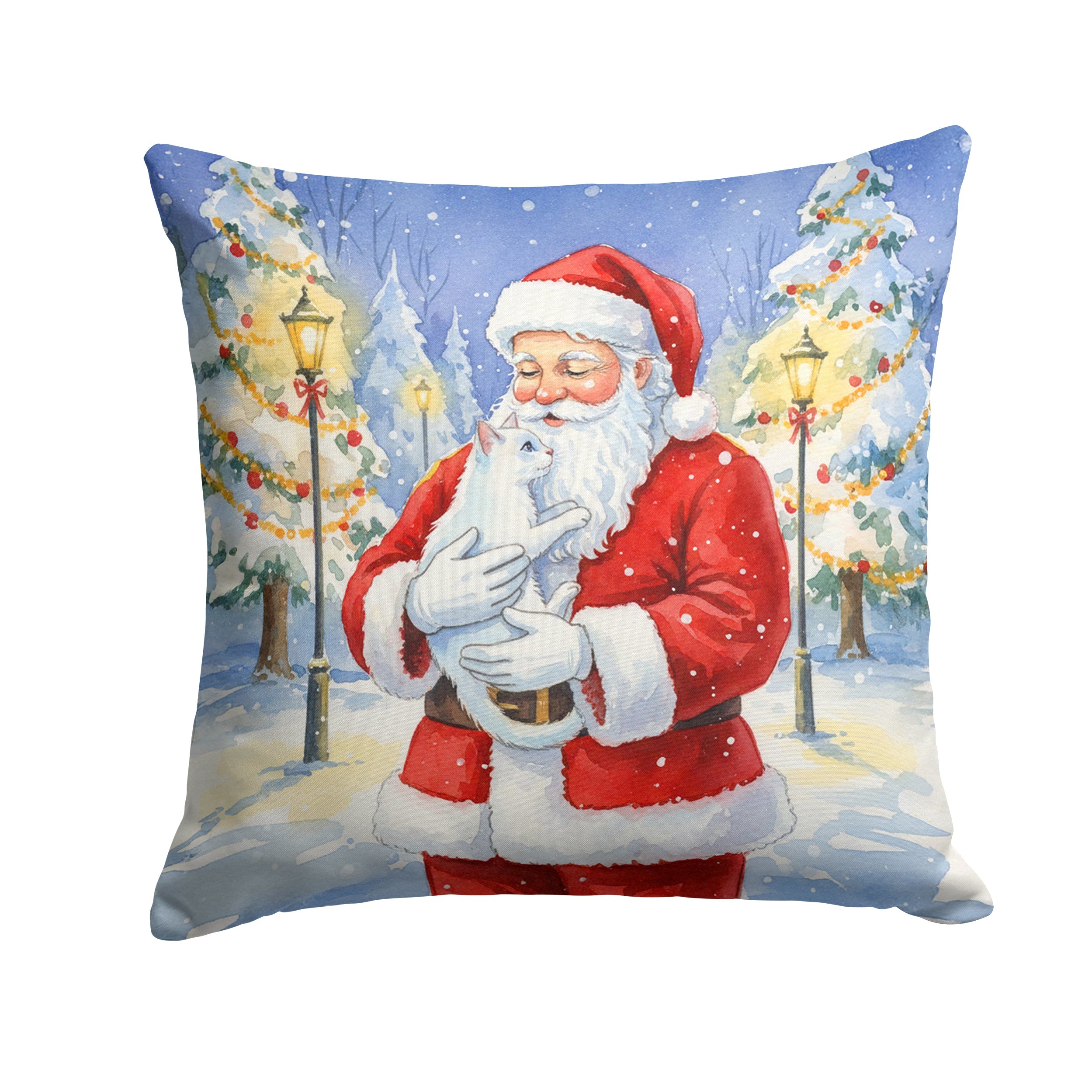 Khao Manee Cat with Santa Claus Decorative Throw Pillow 18x18 Indoor Outdoor Accent Cushion, Fabric Cover with Insert for Sofa, Bed, Porch & Living Room