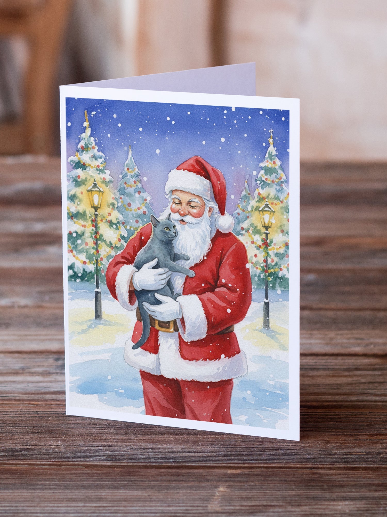 Korat Cat with Santa Claus Greeting Cards Pack of 8 Blank Cards with Envelopes Whimsical A7 Size 5x7