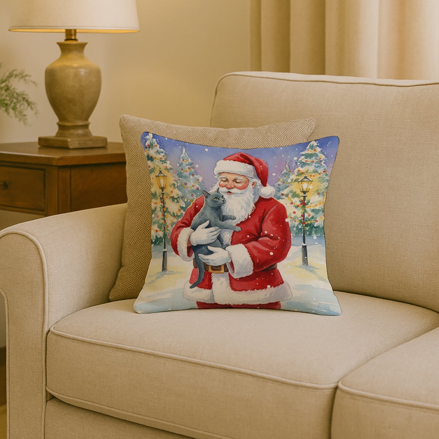 Korat Cat with Santa Claus Decorative Throw Pillow 18x18 Indoor Outdoor Accent Cushion, Fabric Cover with Insert for Sofa, Bed, Porch & Living Room
