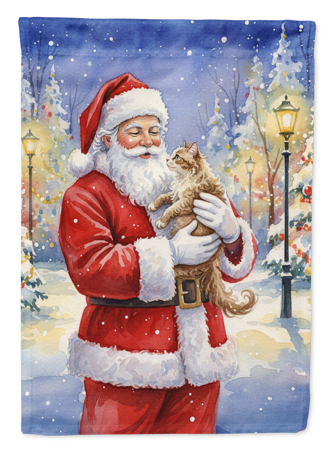 LaPerm Cat with Santa Claus House Flag 28x40 Porch Sleeve Pole Decorative Outside Yard Banner Artwork Wall Hanging, Polyester