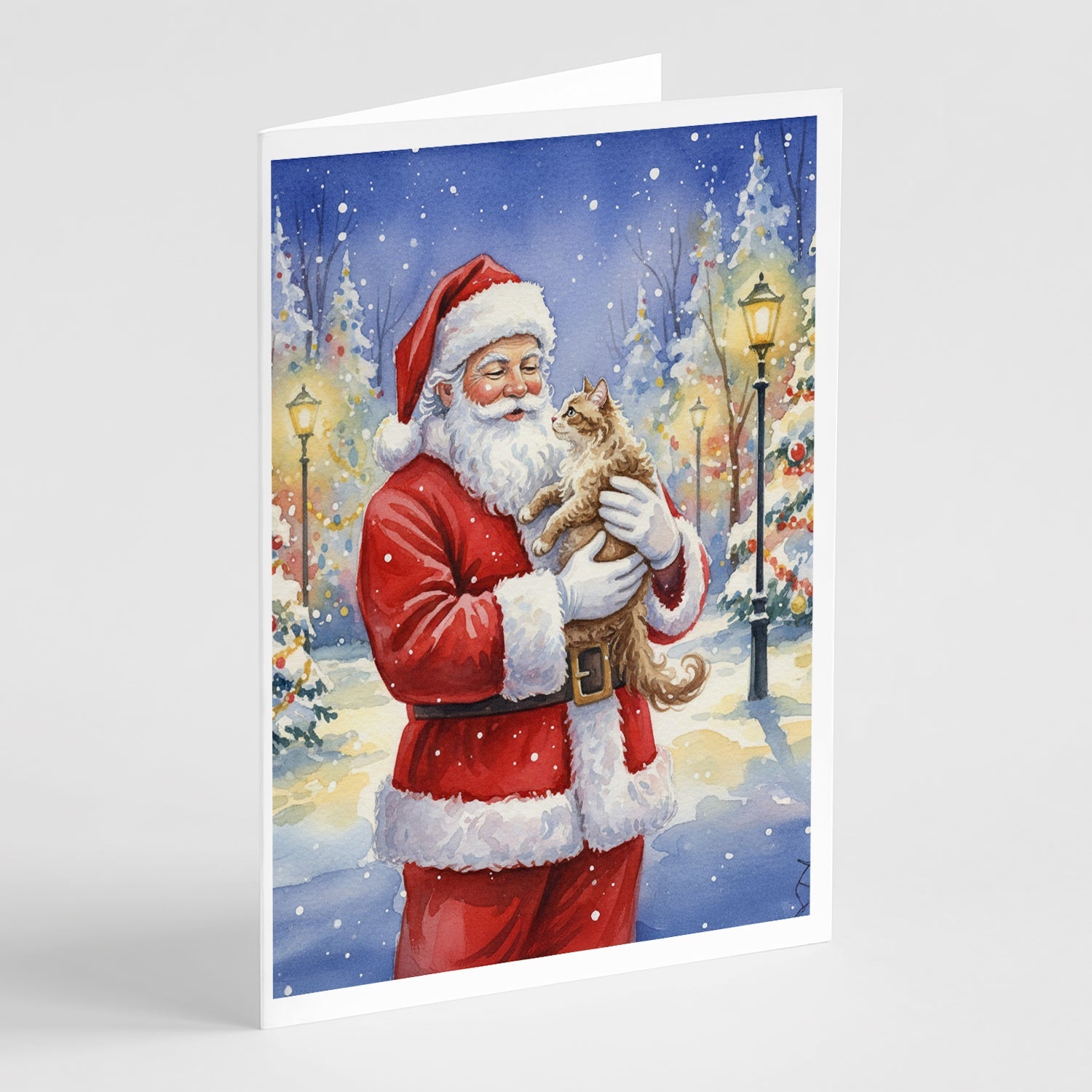 LaPerm Cat with Santa Claus Greeting Cards Pack of 8 Blank Cards with Envelopes Whimsical A7 Size 5x7
