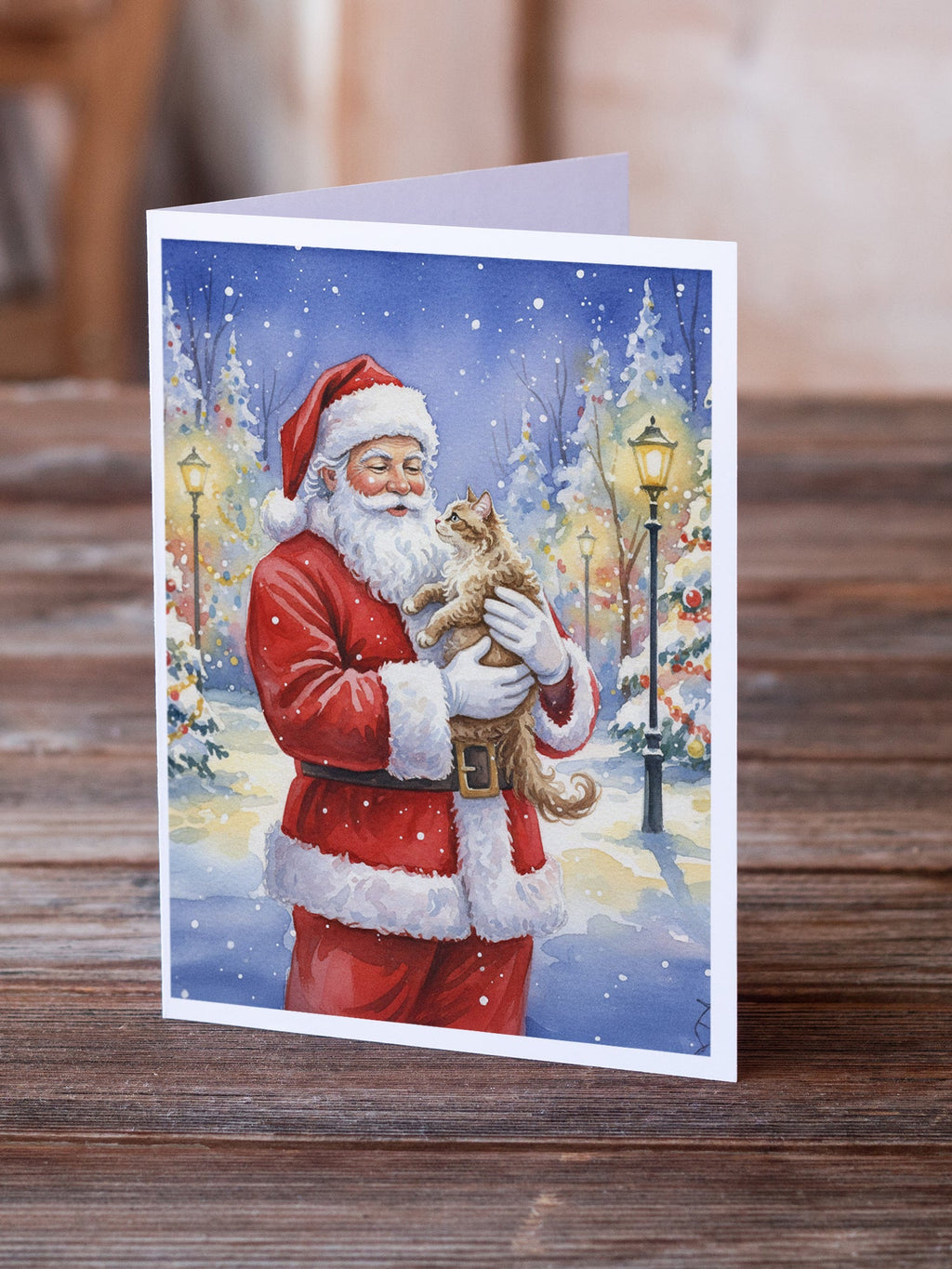 LaPerm Cat with Santa Claus Greeting Cards Pack of 8 Blank Cards with Envelopes Whimsical A7 Size 5x7