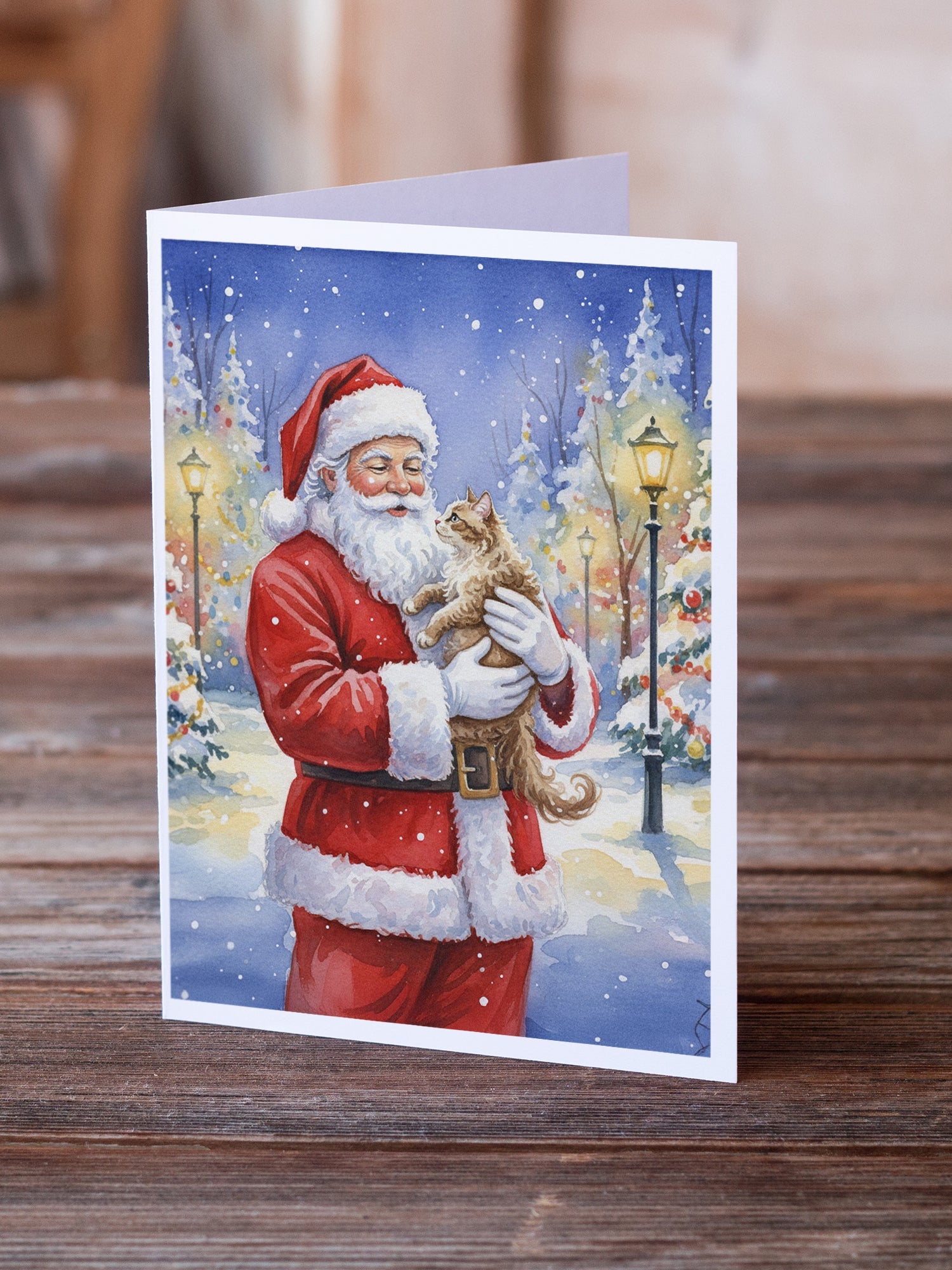 LaPerm Cat with Santa Claus Greeting Cards Pack of 8 Blank Cards with Envelopes Whimsical A7 Size 5x7