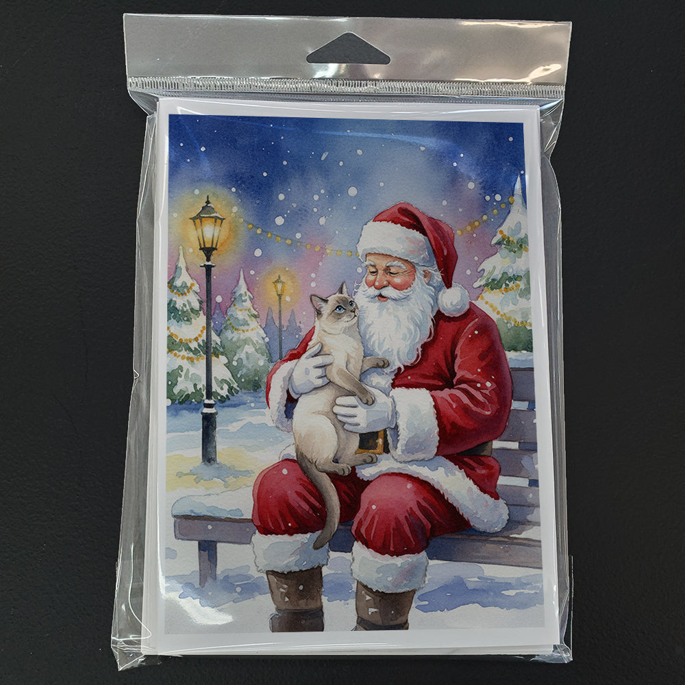 Lilac Point Cat with Santa Claus Greeting Cards Pack of 8 Blank Cards with Envelopes Whimsical A7 Size 5x7