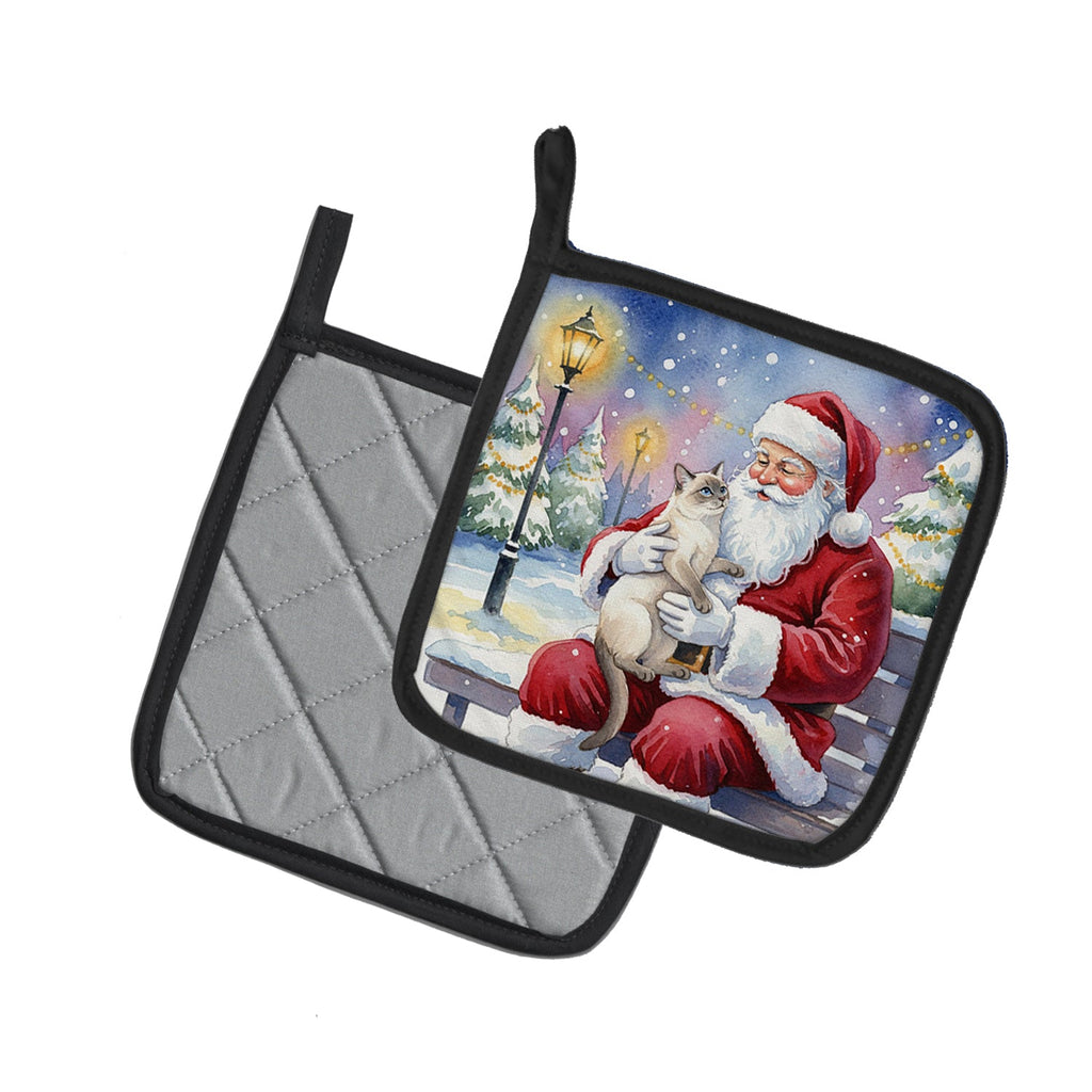 Lilac Point Cat with Santa Claus Pot Holder Set of 2 Heat Resistant Quilted Hot Pads 7.5 x 7.5 Inch, Insulated Kitchen Trivets for Cooking & Baking