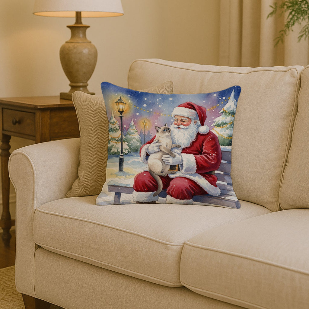 Lilac Point Cat with Santa Claus Decorative Throw Pillow 14x14 Indoor Outdoor Accent Cushion, Fabric Cover with Insert for Sofa, Bed, Porch & Living Room